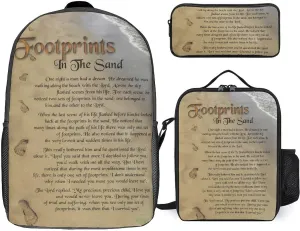 FootprintsinThe Sand Poem Shoulder Backpack Diagonal Lunch Bag Pencil Case Set