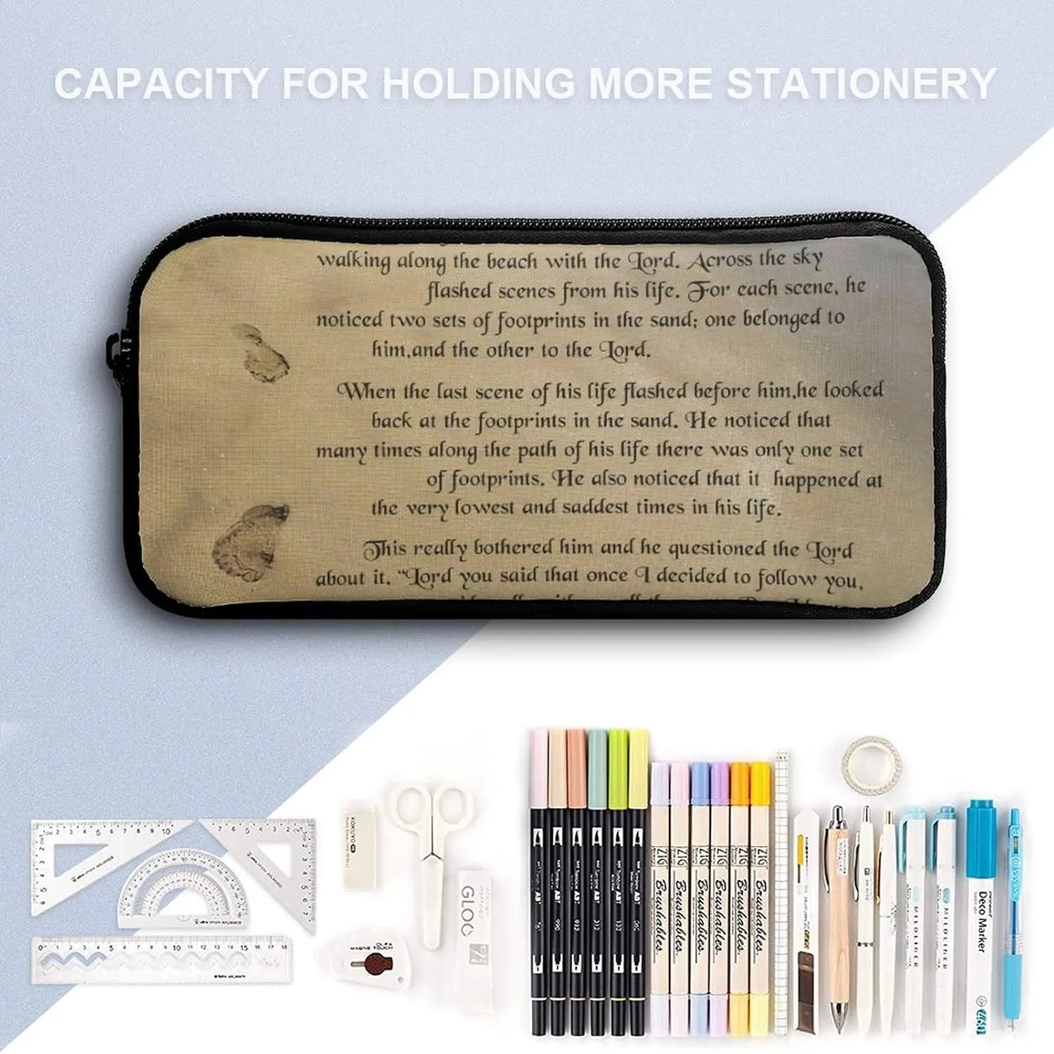 FootprintsinThe Sand Poem Shoulder Backpack Diagonal Lunch Bag Pencil Case Set