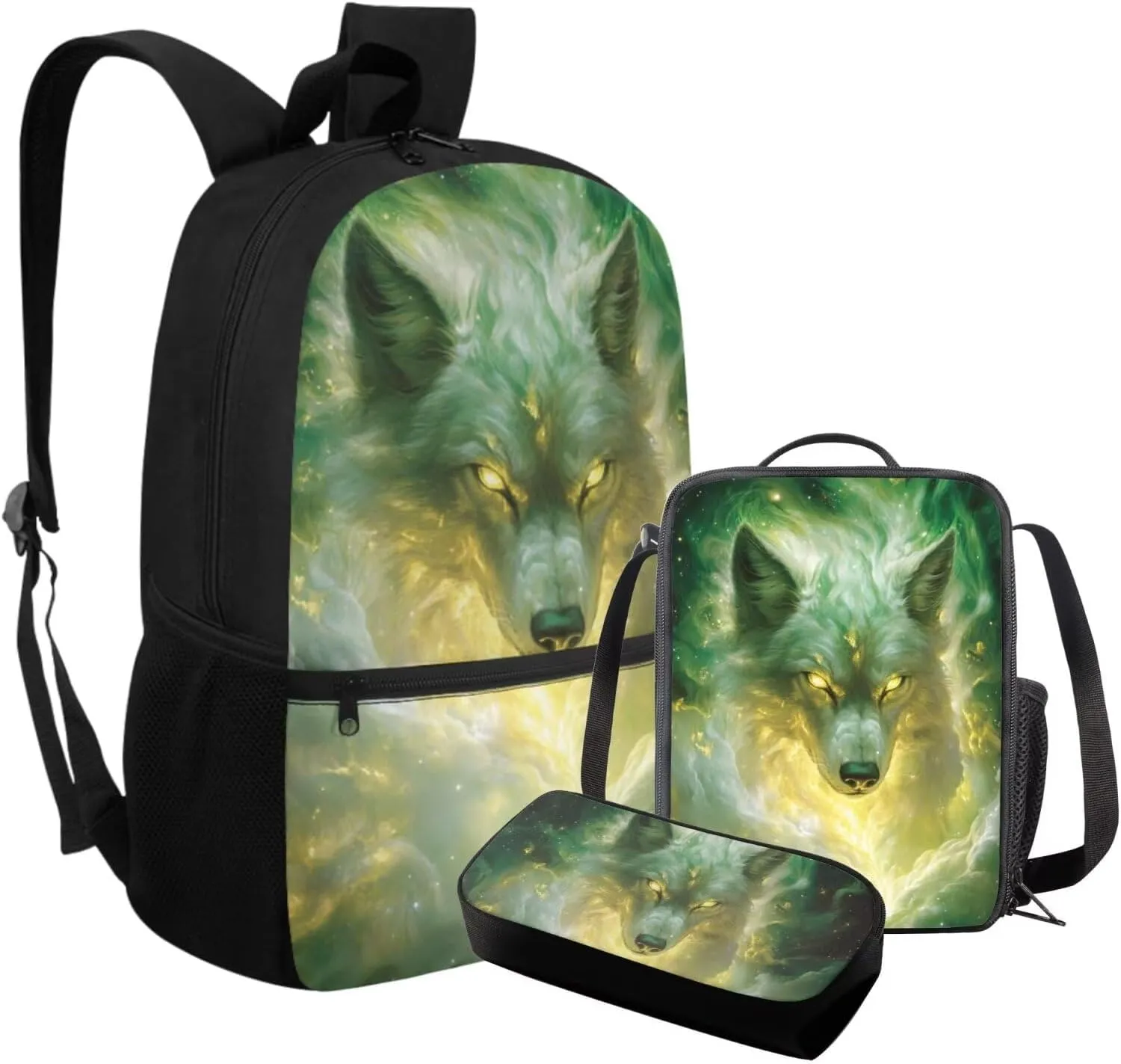 FOR U DESIGNS Wolf Backpack for Girls Stylish School Bag for 1st Grade Girls Cool Kindergarten Bookbag Set with Lunch Box 17 Inch Book Bags for Kids 3 in 1 Back Pack