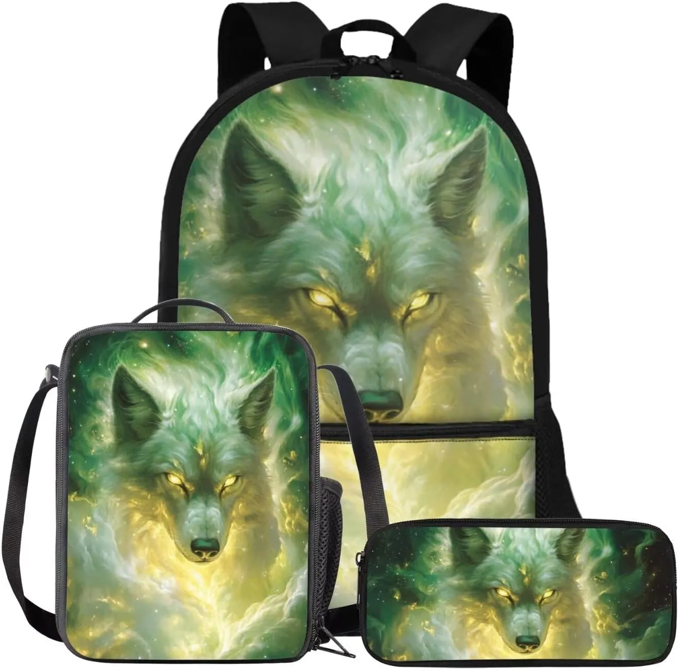 FOR U DESIGNS Wolf Backpack for Girls Stylish School Bag for 1st Grade Girls Cool Kindergarten Bookbag Set with Lunch Box 17 Inch Book Bags for Kids 3 in 1 Back Pack
