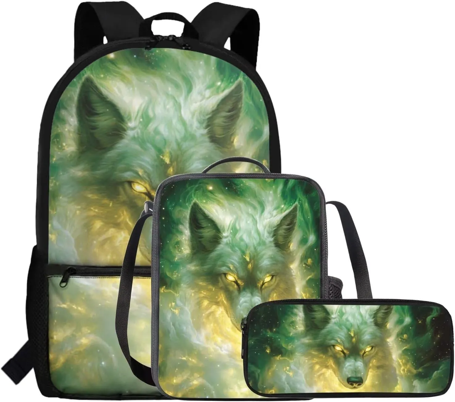 FOR U DESIGNS Wolf Backpack for Girls Stylish School Bag for 1st Grade Girls Cool Kindergarten Bookbag Set with Lunch Box 17 Inch Book Bags for Kids 3 in 1 Back Pack