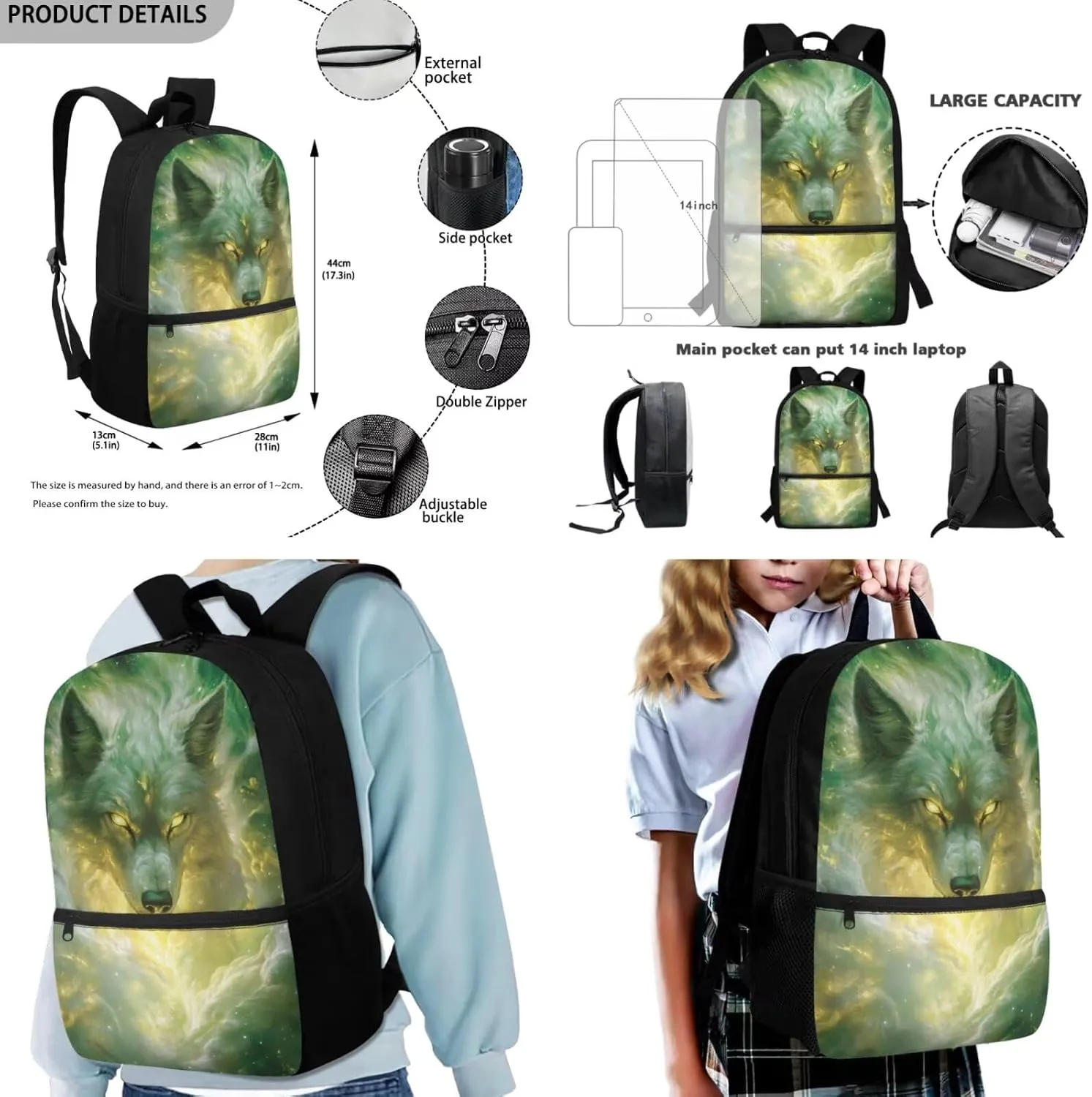 FOR U DESIGNS Wolf Backpack for Girls Stylish School Bag for 1st Grade Girls Cool Kindergarten Bookbag Set with Lunch Box 17 Inch Book Bags for Kids 3 in 1 Back Pack