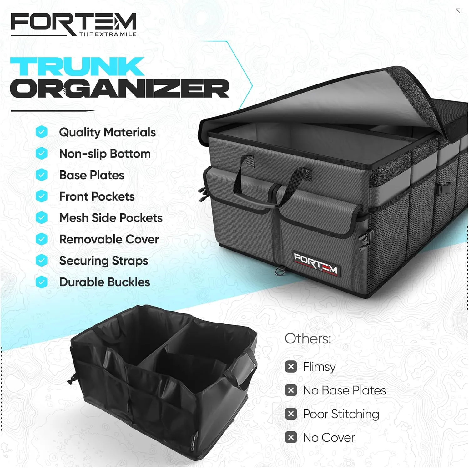 FORTEM Car Trunk Organizer, Collapsible Multi Compartment SUV Organizer, Foldable Storage for Car Accessories for Women Men, 600D Oxford, Non Slip Bottom, Securing Straps, Soft Cover (50L)