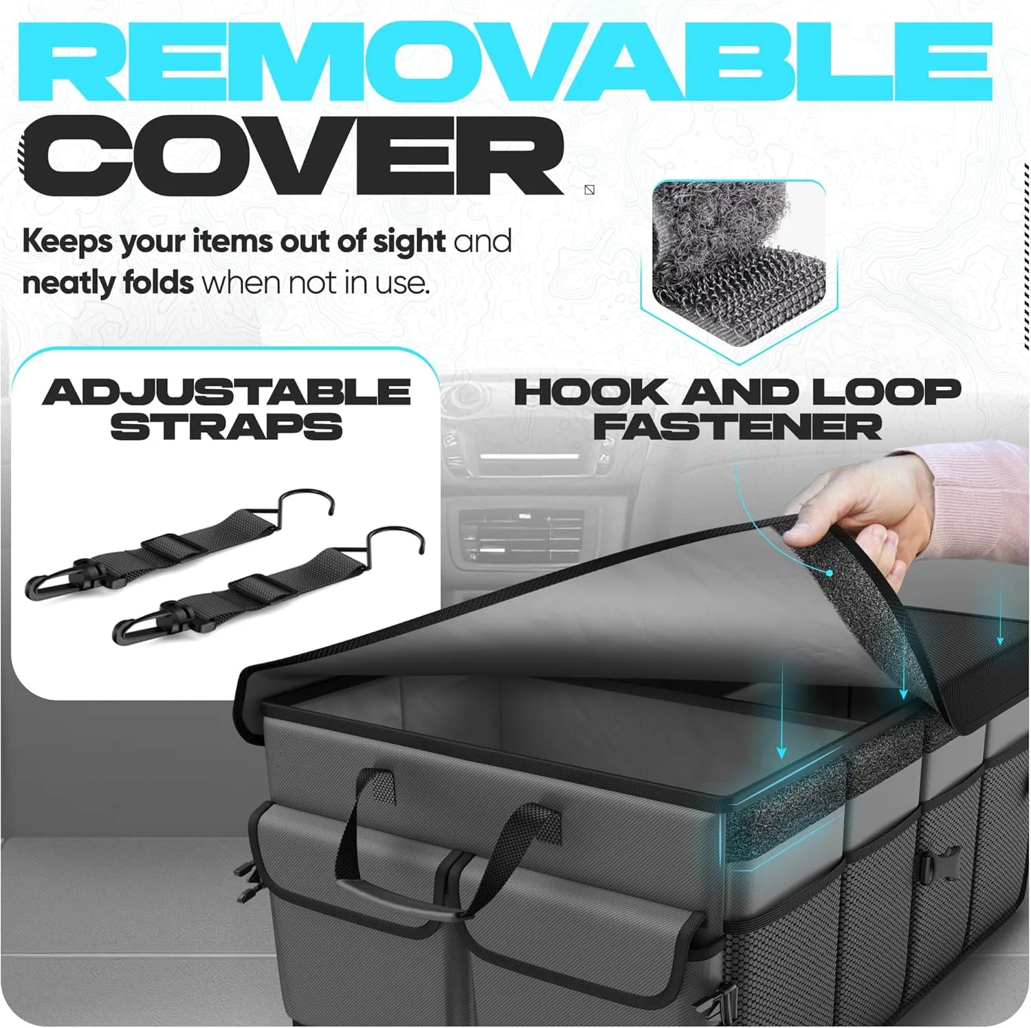 FORTEM Car Trunk Organizer, Collapsible Multi Compartment SUV Organizer, Foldable Storage for Car Accessories for Women Men, 600D Oxford, Non Slip Bottom, Securing Straps, Soft Cover (50L)