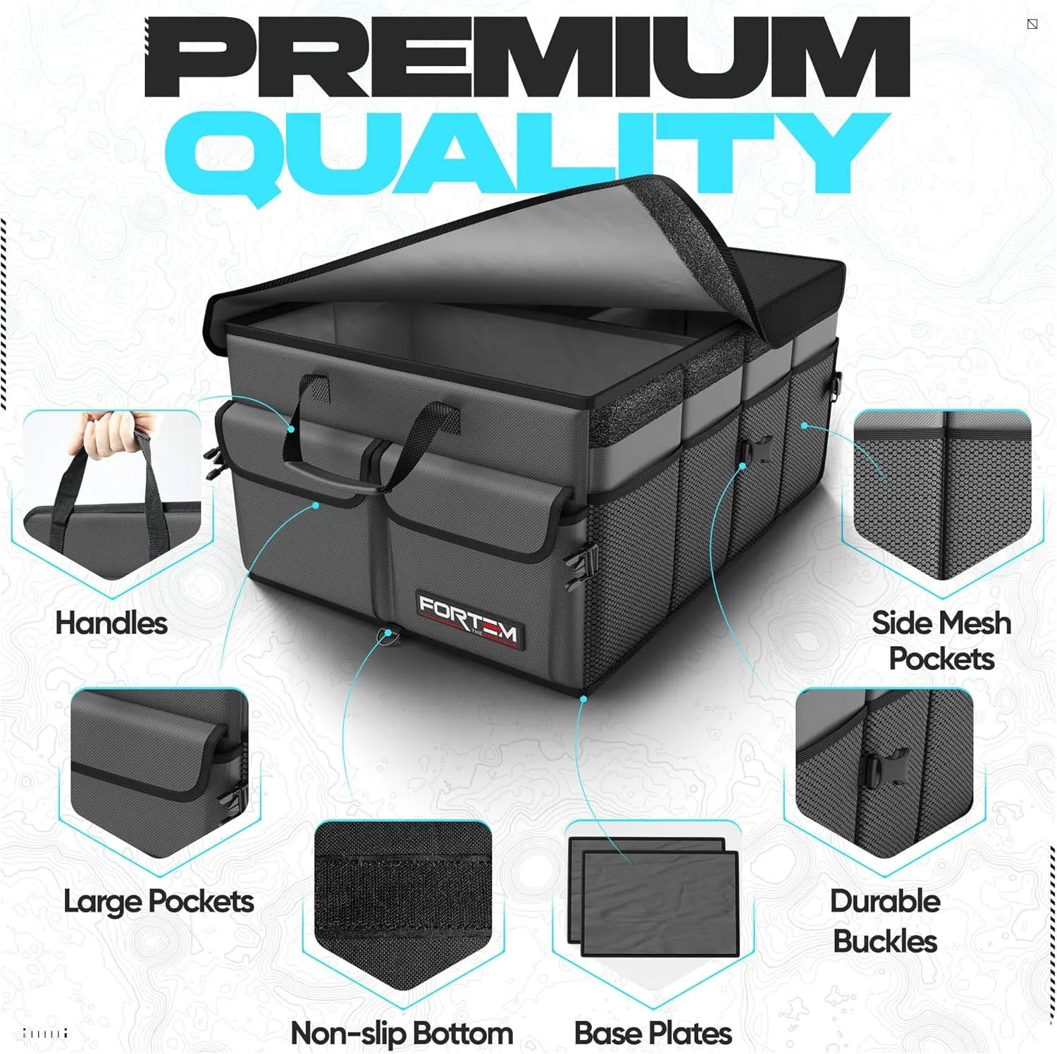 FORTEM Car Trunk Organizer, Collapsible Multi Compartment SUV Organizer, Foldable Storage for Car Accessories for Women Men, 600D Oxford, Non Slip Bottom, Securing Straps, Soft Cover (50L)