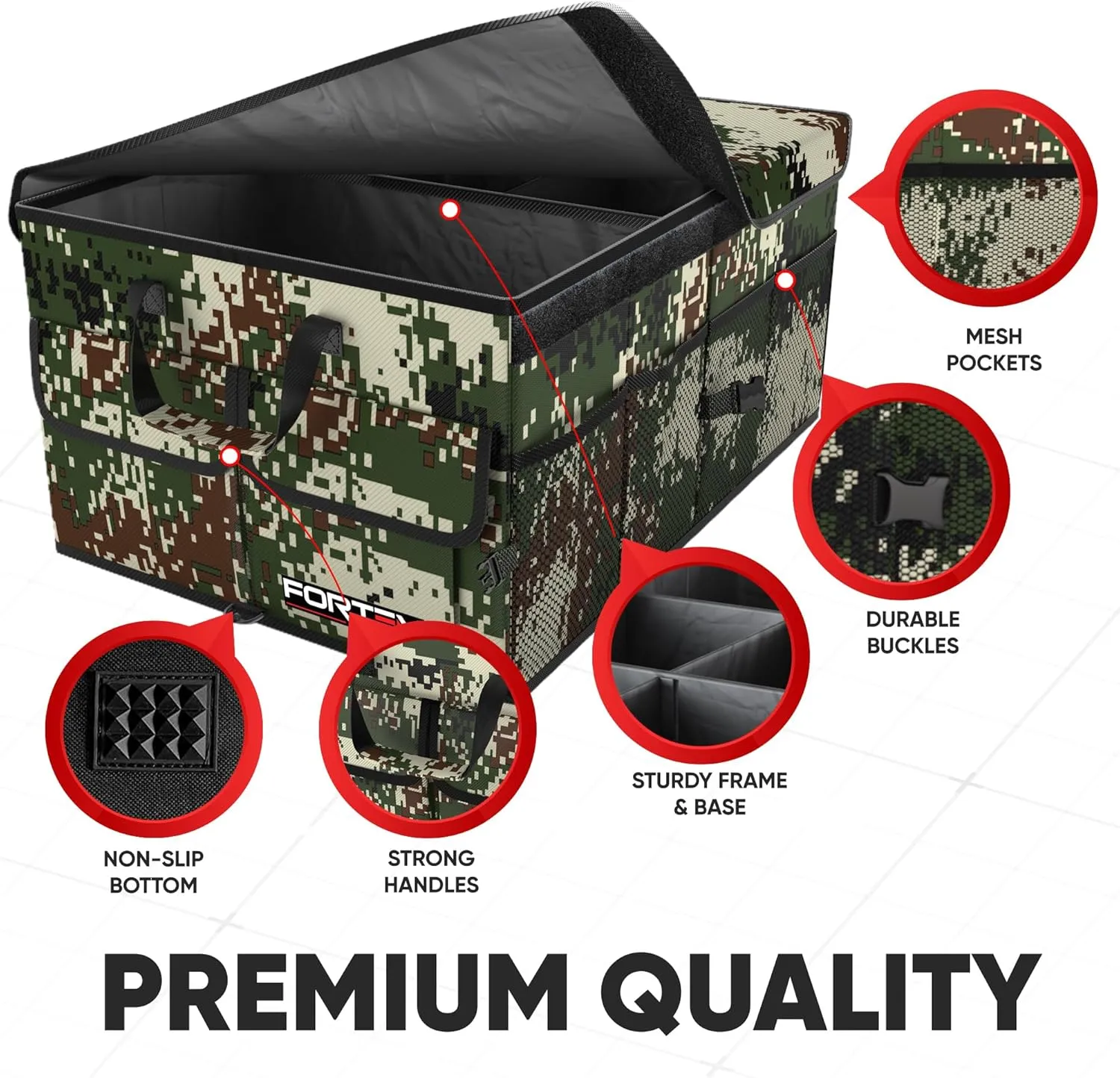 FORTEM Car Trunk Organizer, Collapsible Multi Compartment SUV Organizer, Foldable Storage for Car Accessories for Women Men, 600D Oxford, Non Slip Bottom, Securing Straps, Soft Cover (65L)