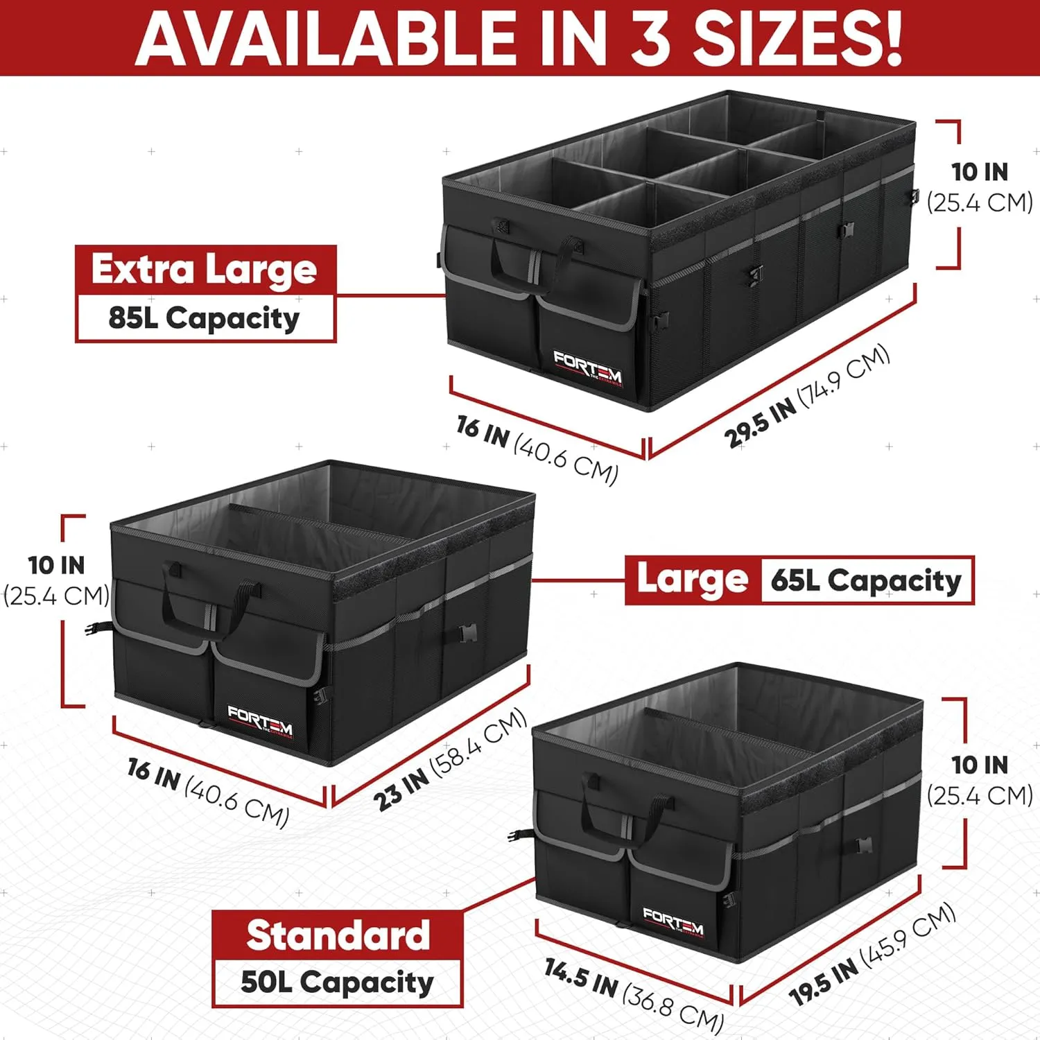 FORTEM Car Trunk Organizer, Collapsible Multi Compartment SUV Organizer, Foldable Storage for Car Accessories for Women Men, 600D Oxford, Non Slip Bottom, Securing Straps, Soft Cover (65L)