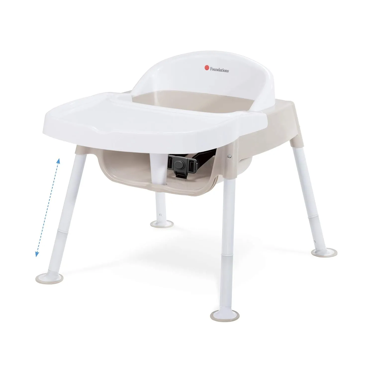 Foundations Secure Sitter 7-13" Adjustable Height Feeding Chair, 1 Pack, Stable “No Tip” Feet, 3-Point Adjustable Harness, Removable Tray, Easy to Clean, Smooth Plastic (White/Tan)
