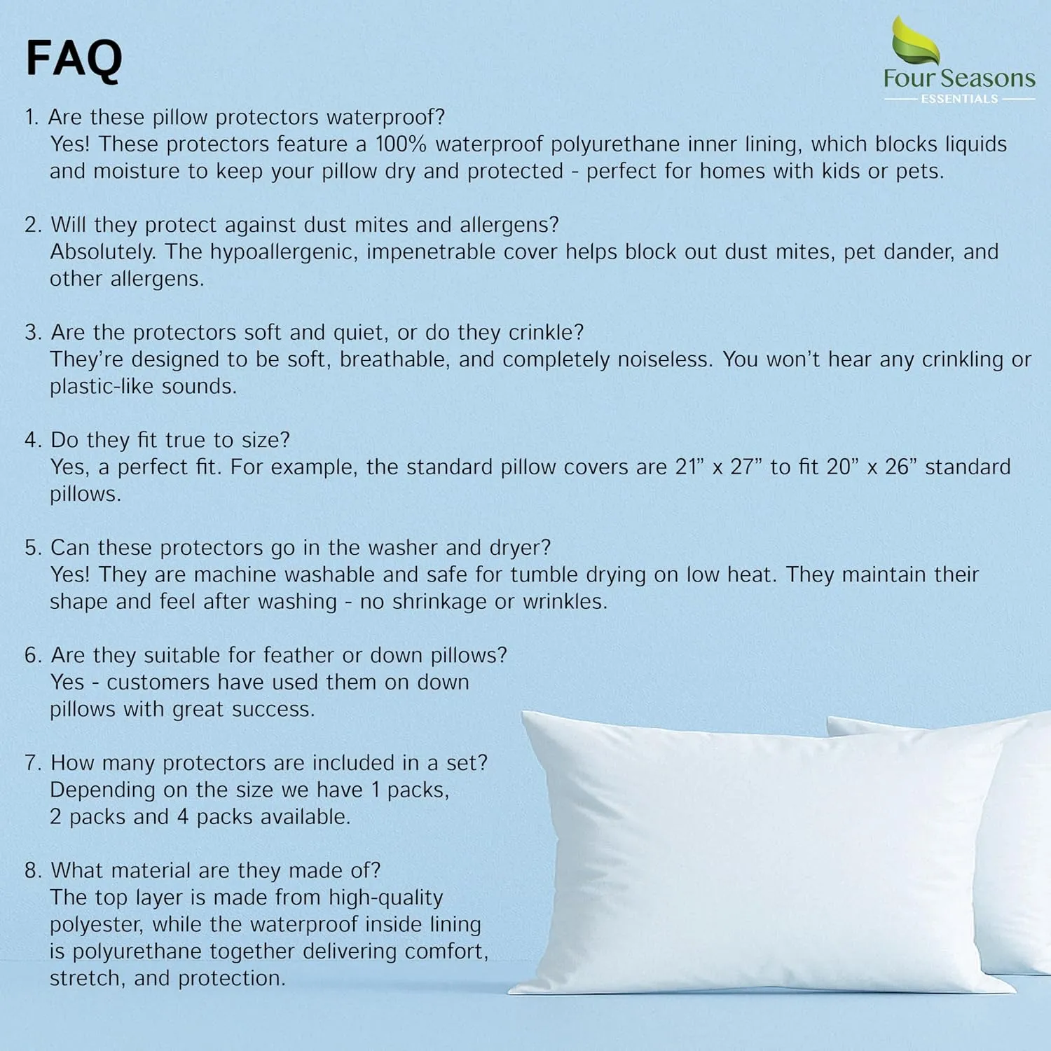 Four Seasons Essentials Waterproof King Pillow Protectors (Set of 2) – Zippered Pillow Cover Hypoallergenic Dust Allergy Proof Encasement