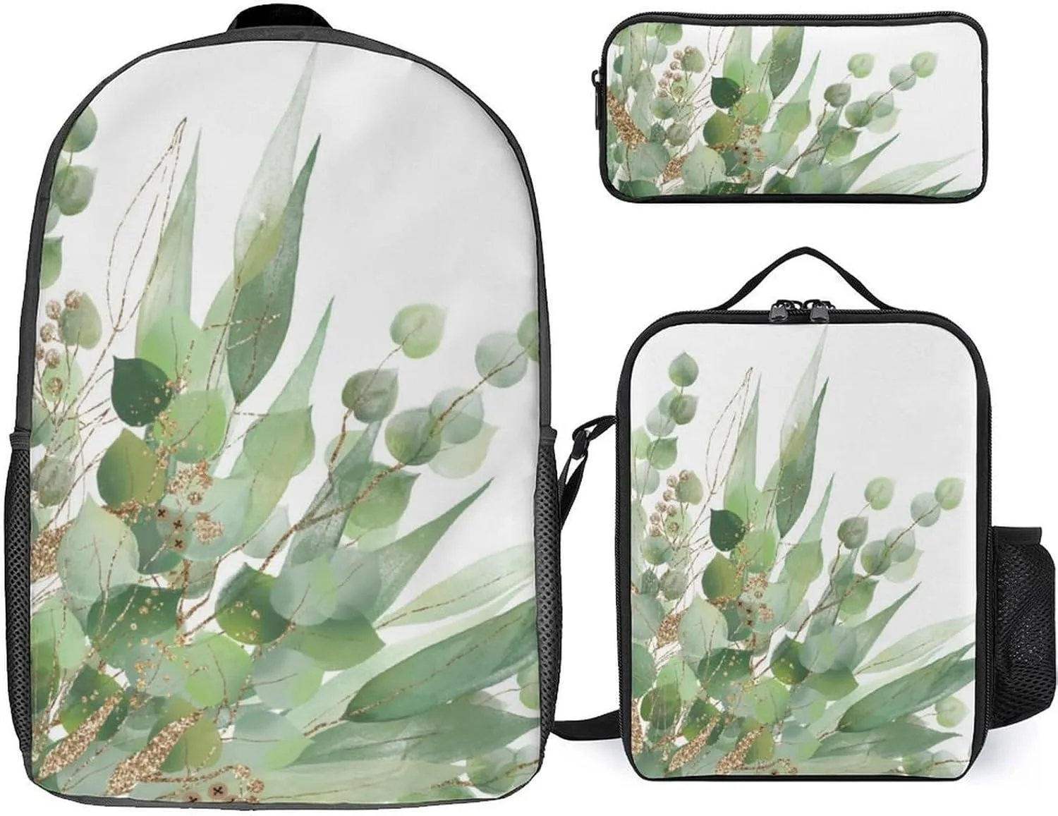Fresh Sage Green White Shoulder Backpack Diagonal Lunch Bag Pencil Case Set