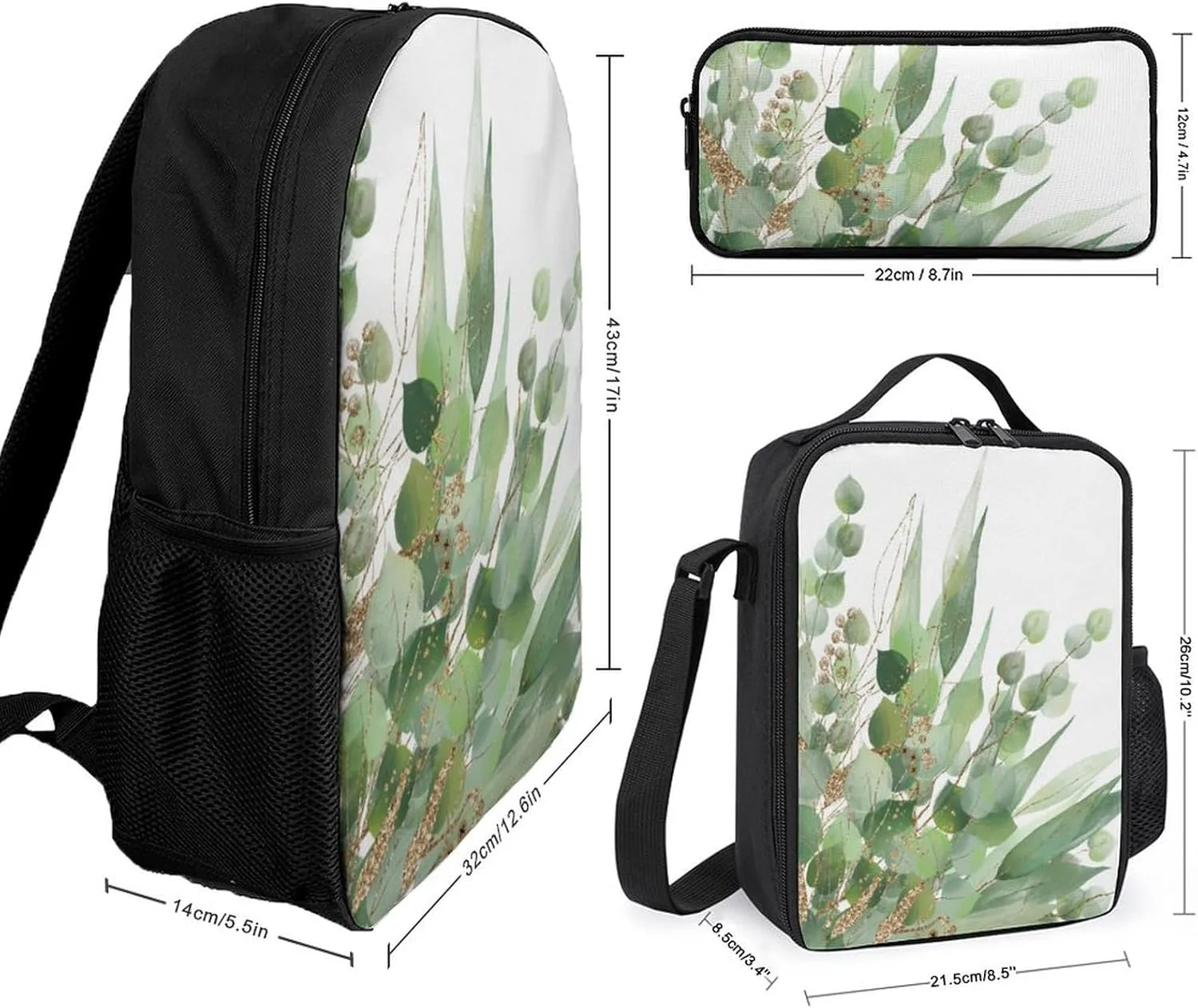 Fresh Sage Green White Shoulder Backpack Diagonal Lunch Bag Pencil Case Set