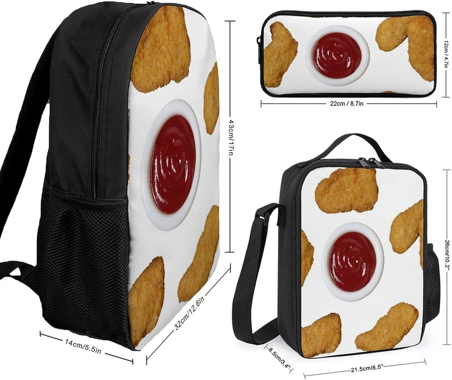 Fried Chicken Nuggets Shoulder Backpack Diagonal Lunch Bag Pencil Case Set