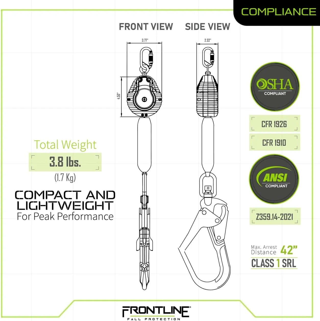 Frontline RPW061R 6' Web Single Leg SRL with Steel Rebar Hook | Lightweight & Durable | Quick-Action Braking | High-Strength Webbing | 310 lbs Capacity | ANSI & OSHA Compliant
