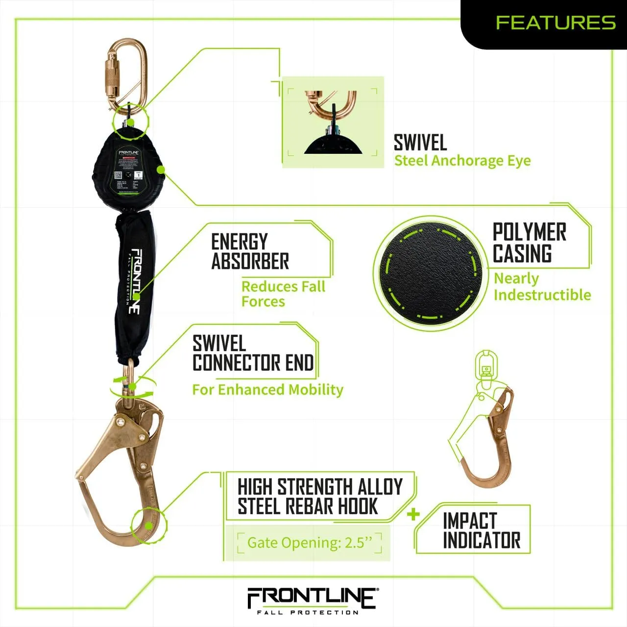 Frontline RPW061R 6' Web Single Leg SRL with Steel Rebar Hook | Lightweight & Durable | Quick-Action Braking | High-Strength Webbing | 310 lbs Capacity | ANSI & OSHA Compliant