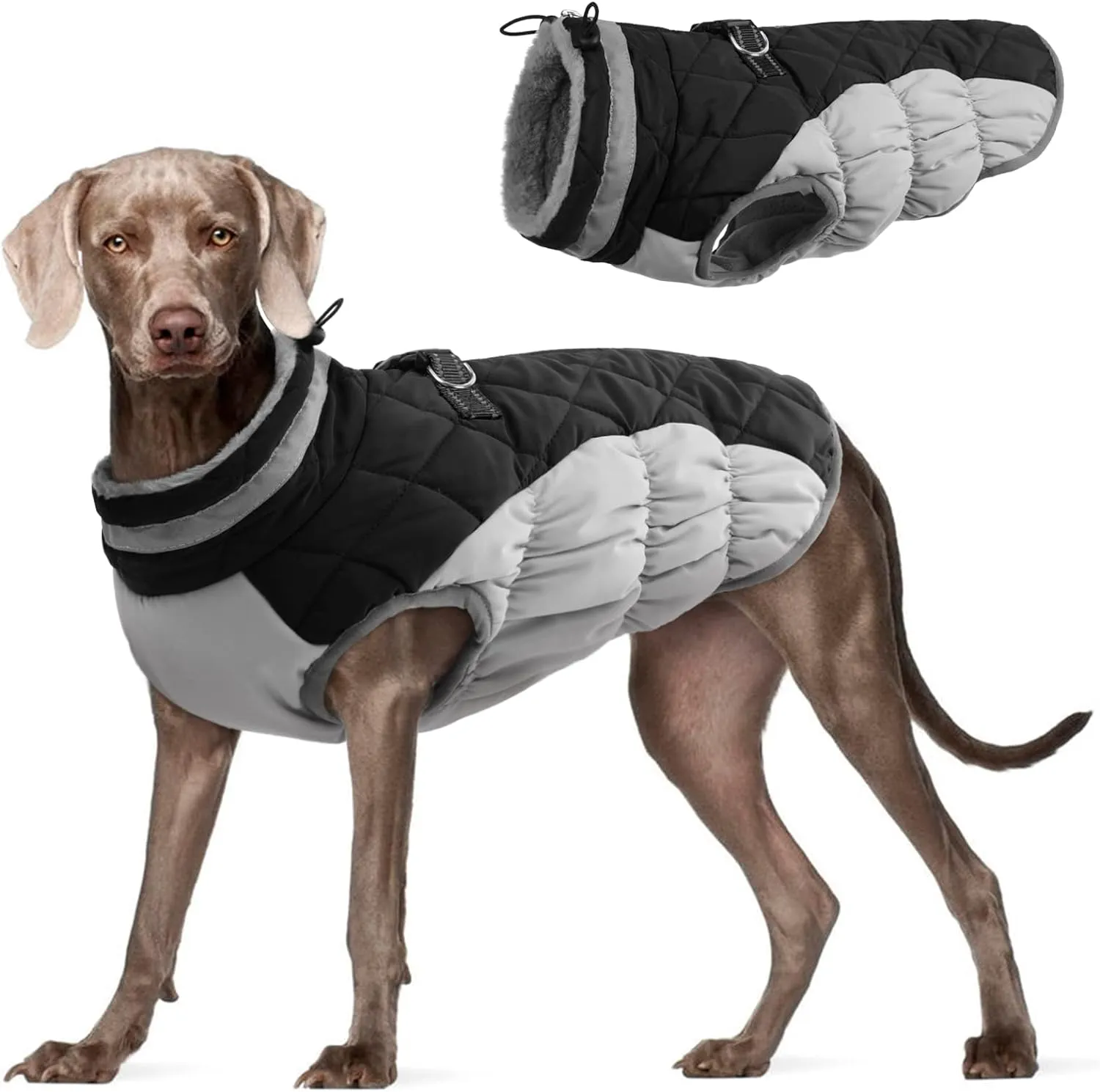 FUAMEY Dog Coat - Warm Winter Jacket with Padded Fleece, Reflective, Waterproof & Windproof, Built-in Harness, Black, XXX-Large