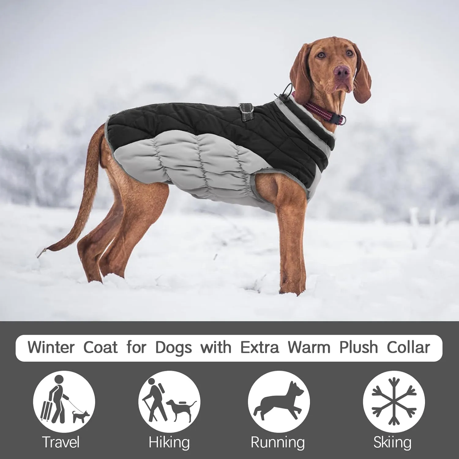 FUAMEY Dog Coat - Warm Winter Jacket with Padded Fleece, Reflective, Waterproof & Windproof, Built-in Harness, Black, XXX-Large