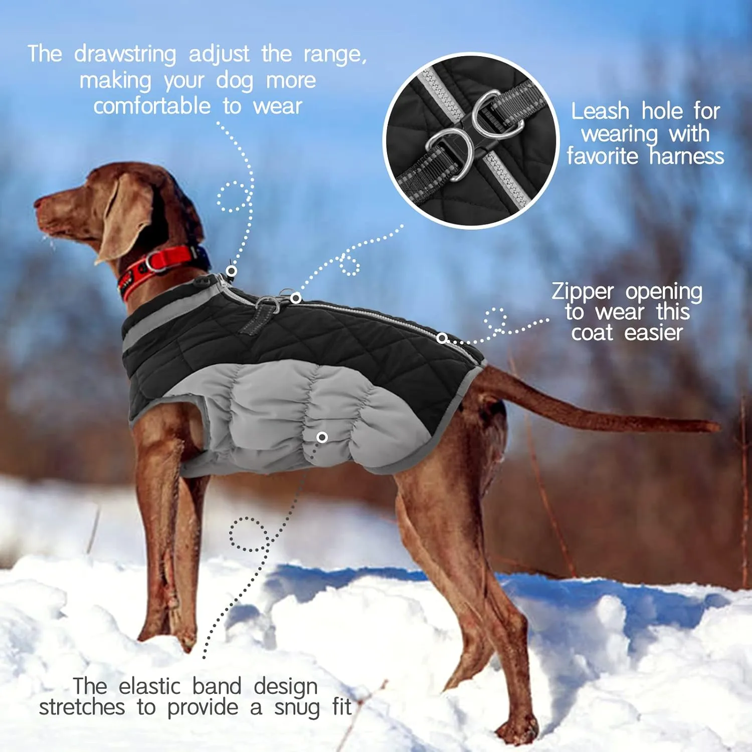 FUAMEY Dog Coat - Warm Winter Jacket with Padded Fleece, Reflective, Waterproof & Windproof, Built-in Harness, Black, XXX-Large