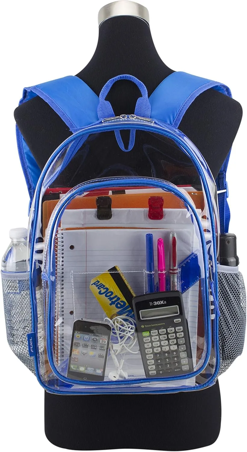 Fuel Hiking Clear Backpack and Drawstring Strings Bags Set for College Bookbag, Work, Sport, Security Check, Transparent, Royal Blue