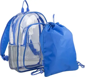 Fuel Hiking Clear Backpack and Drawstring Strings Bags Set for College Bookbag, Work, Sport, Security Check, Transparent, Royal Blue