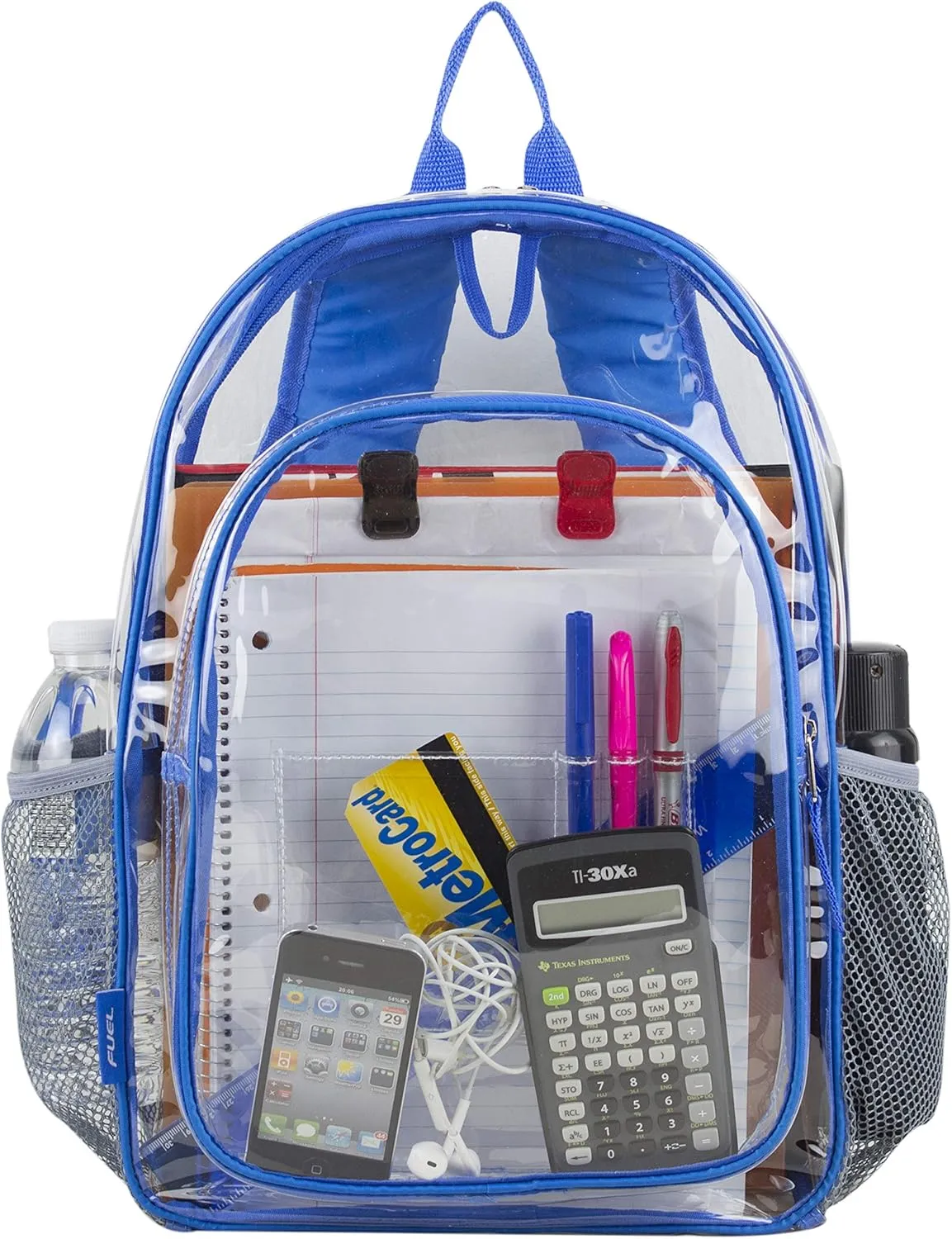 Fuel Hiking Clear Backpack and Drawstring Strings Bags Set for College Bookbag, Work, Sport, Security Check, Transparent, Royal Blue