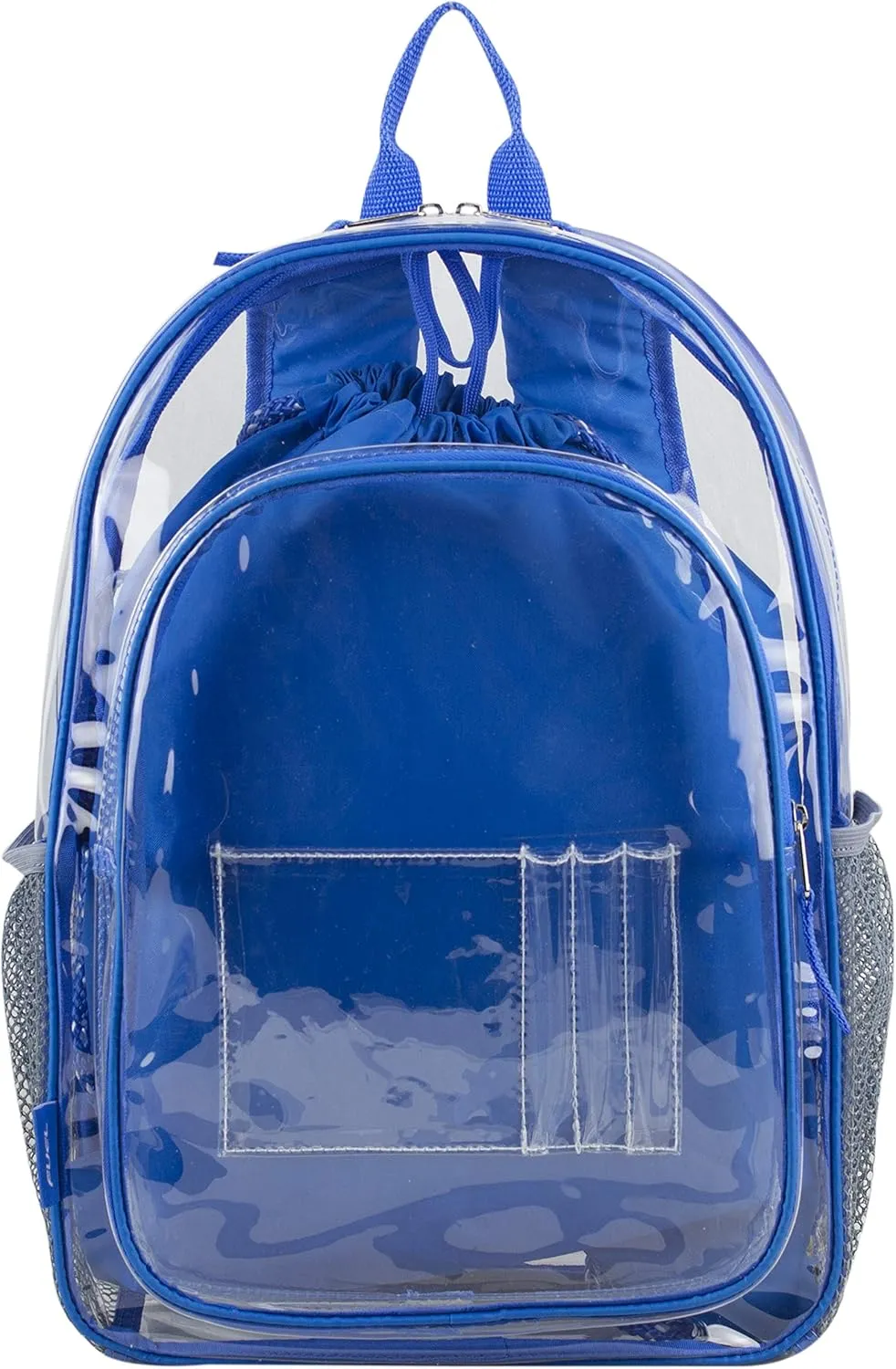 Fuel Hiking Clear Backpack and Drawstring Strings Bags Set for College Bookbag, Work, Sport, Security Check, Transparent, Royal Blue