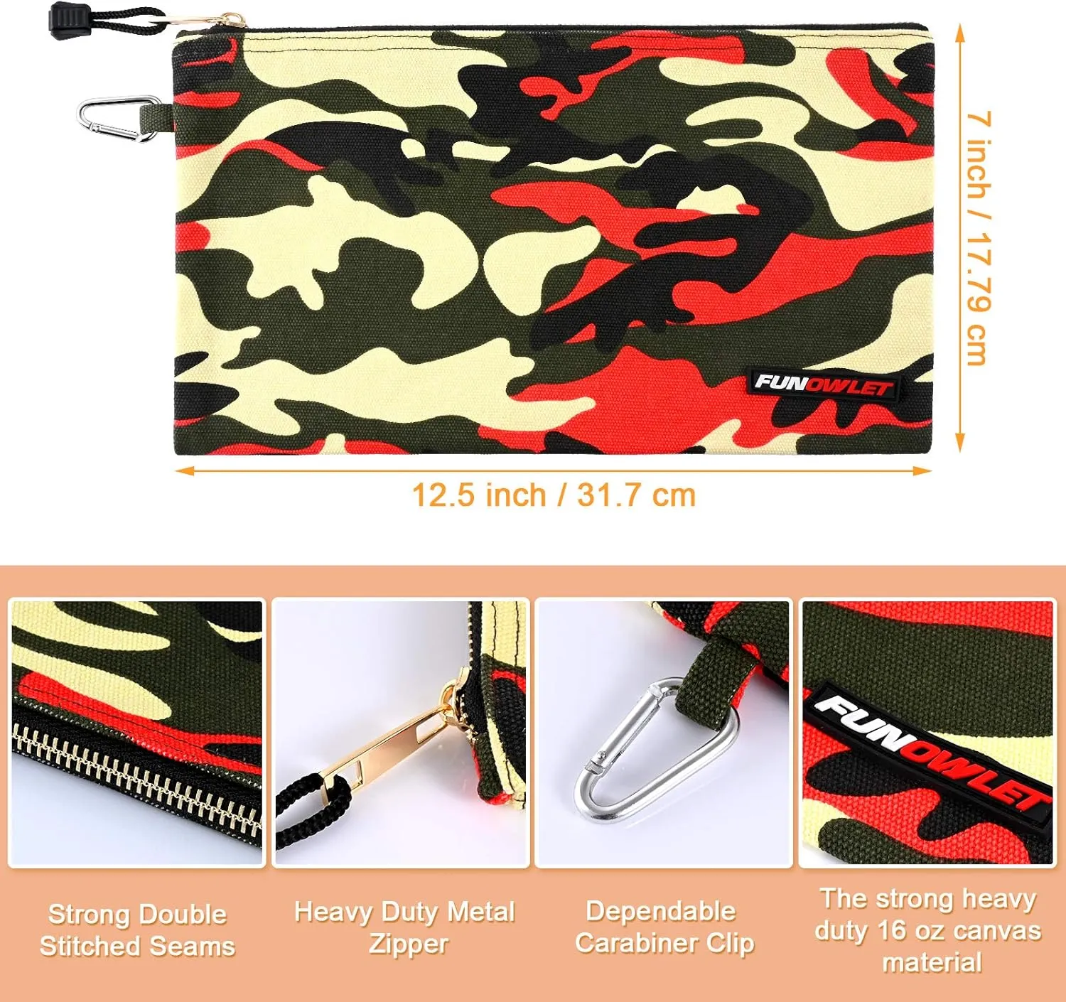 FunOwlet Canvas Tool Pouch Zipper Bag - 5 Pack Heavy Duty Utility Camo Bags with Carabiner, Multi-Purpose Storage Organizer Clip on Tote Pouches 12.5 x 7-Inch