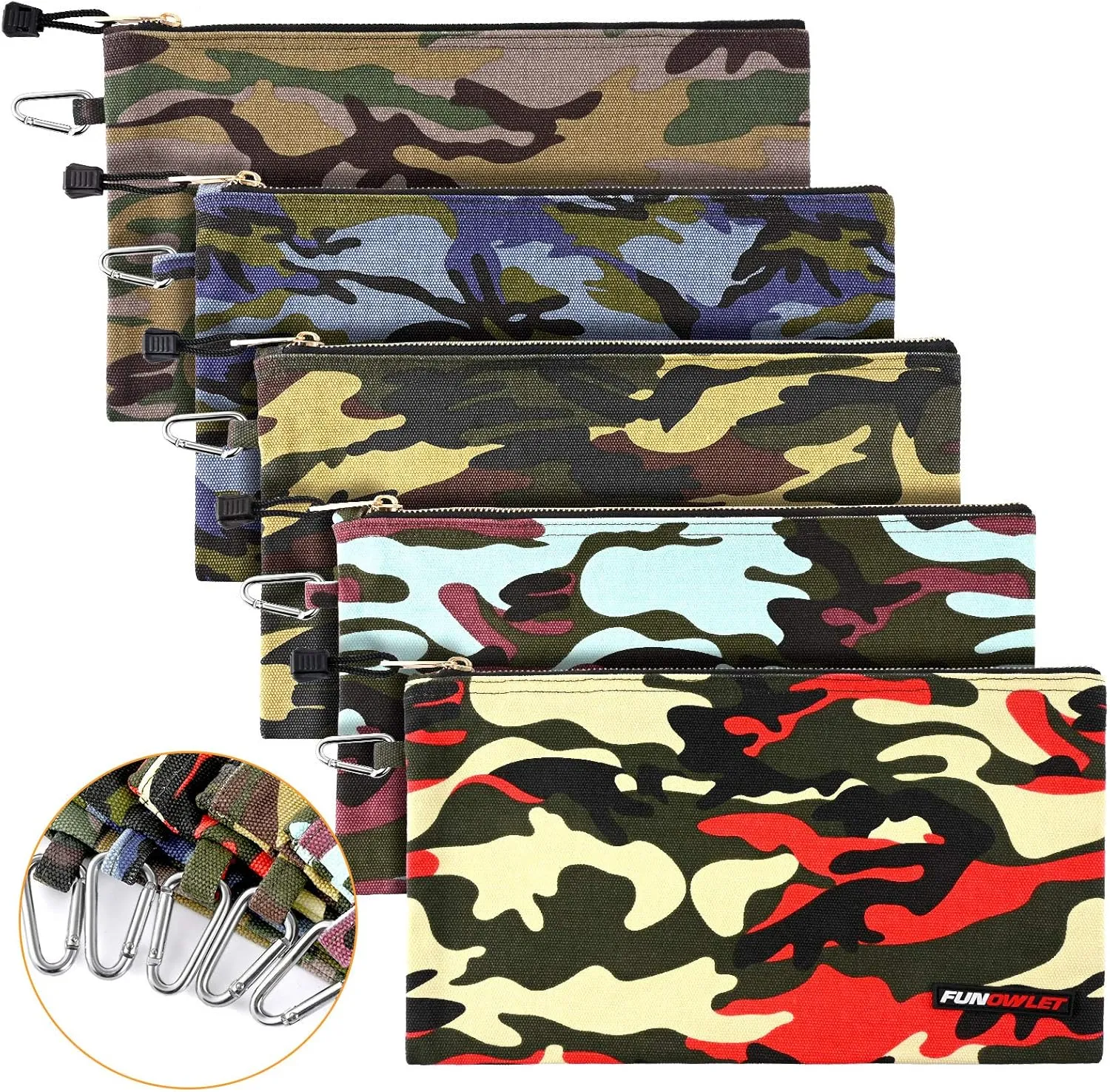 FunOwlet Canvas Tool Pouch Zipper Bag - 5 Pack Heavy Duty Utility Camo Bags with Carabiner, Multi-Purpose Storage Organizer Clip on Tote Pouches 12.5 x 7-Inch
