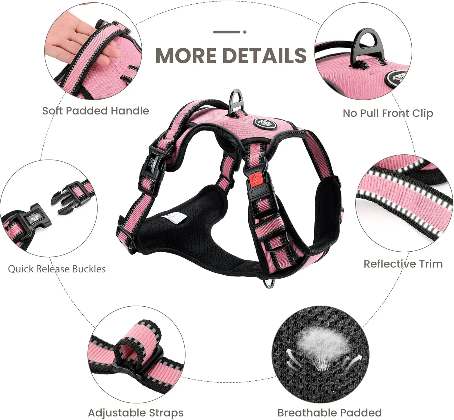 FURRYFECTION XL No Pull Dog Harness, Reflective Vest, Adjustable, Soft Padded, Front Lead, Leash, Seat Belt, Pink
