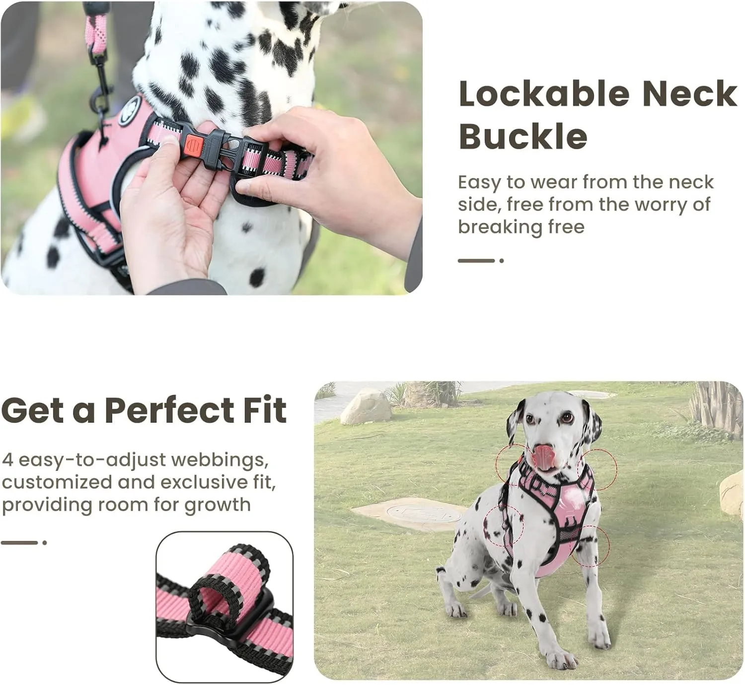 FURRYFECTION XL No Pull Dog Harness, Reflective Vest, Adjustable, Soft Padded, Front Lead, Leash, Seat Belt, Pink