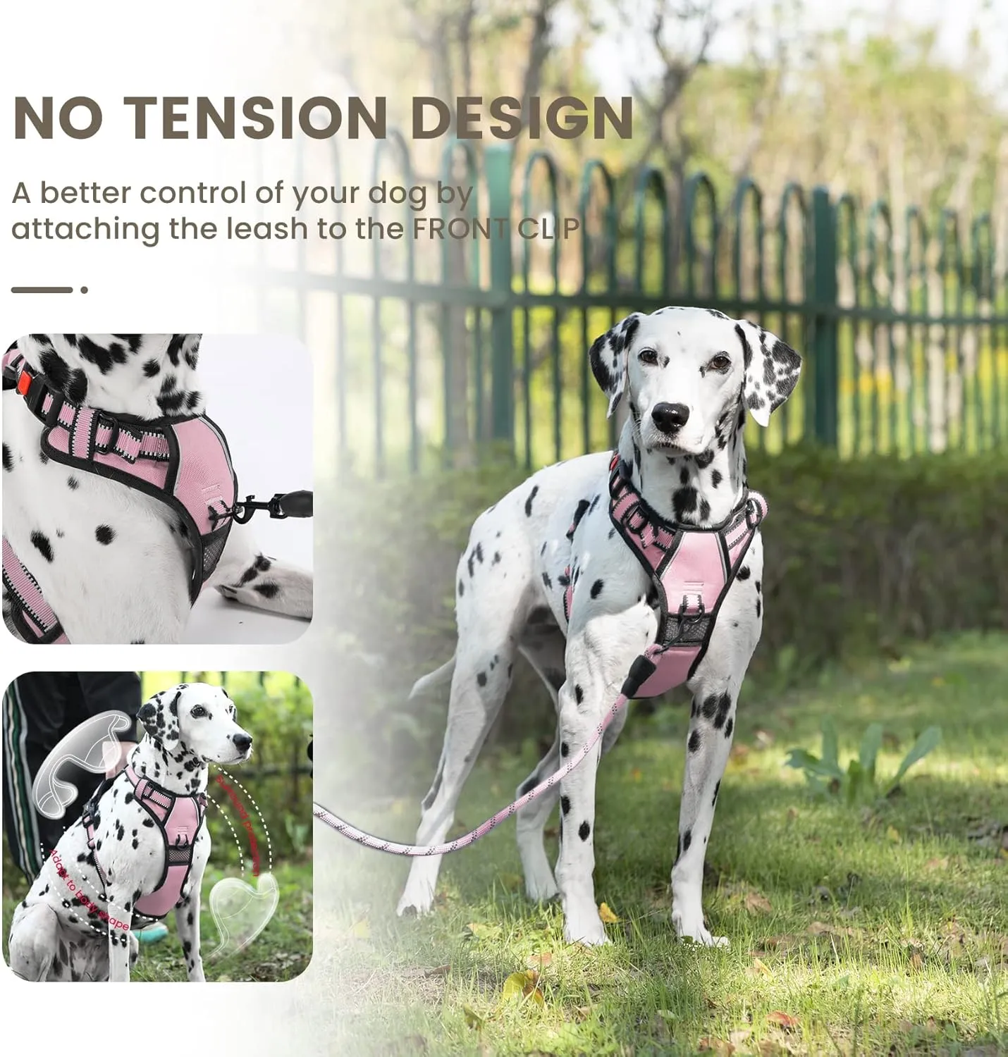 FURRYFECTION XL No Pull Dog Harness, Reflective Vest, Adjustable, Soft Padded, Front Lead, Leash, Seat Belt, Pink