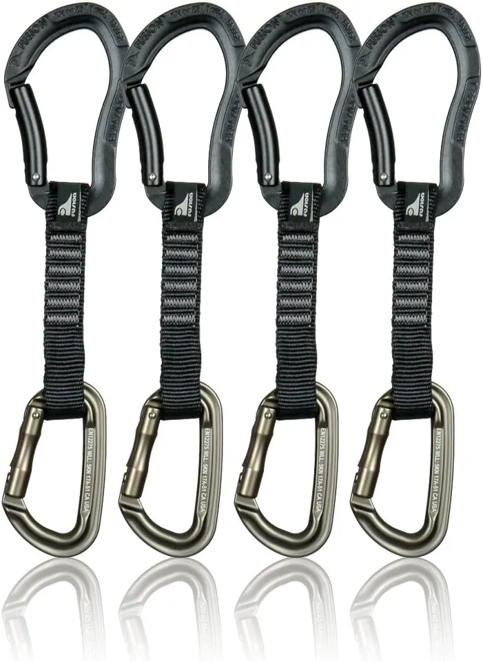 Fusion Climb 4-Pack 12cm Tactical Military Rescue Quickdraw Set with Techno Zoom Bent Gate Black/Contigua Straight Gate Brown Carabiners