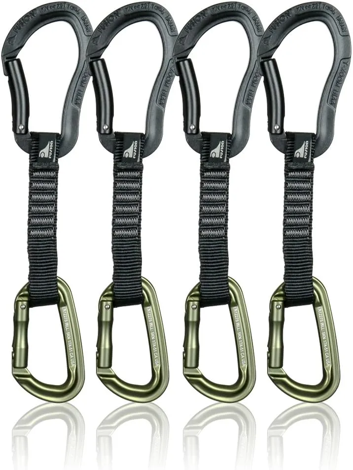 Fusion Climb 4-Pack 12cm Tactical Military Rescue Quickdraw Set with Techno Zoom Bent Gate Black/Contigua Straight Gate Green Carabiners