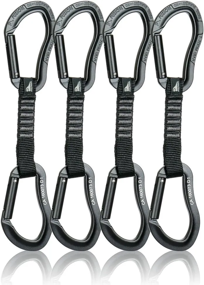 Fusion Climb 4-Pack 12cm Tactical Military Rescue Quickdraw Set with Techno Zoom Straight Gate Black/Techno Zoom Straight Gate Black Carabiners