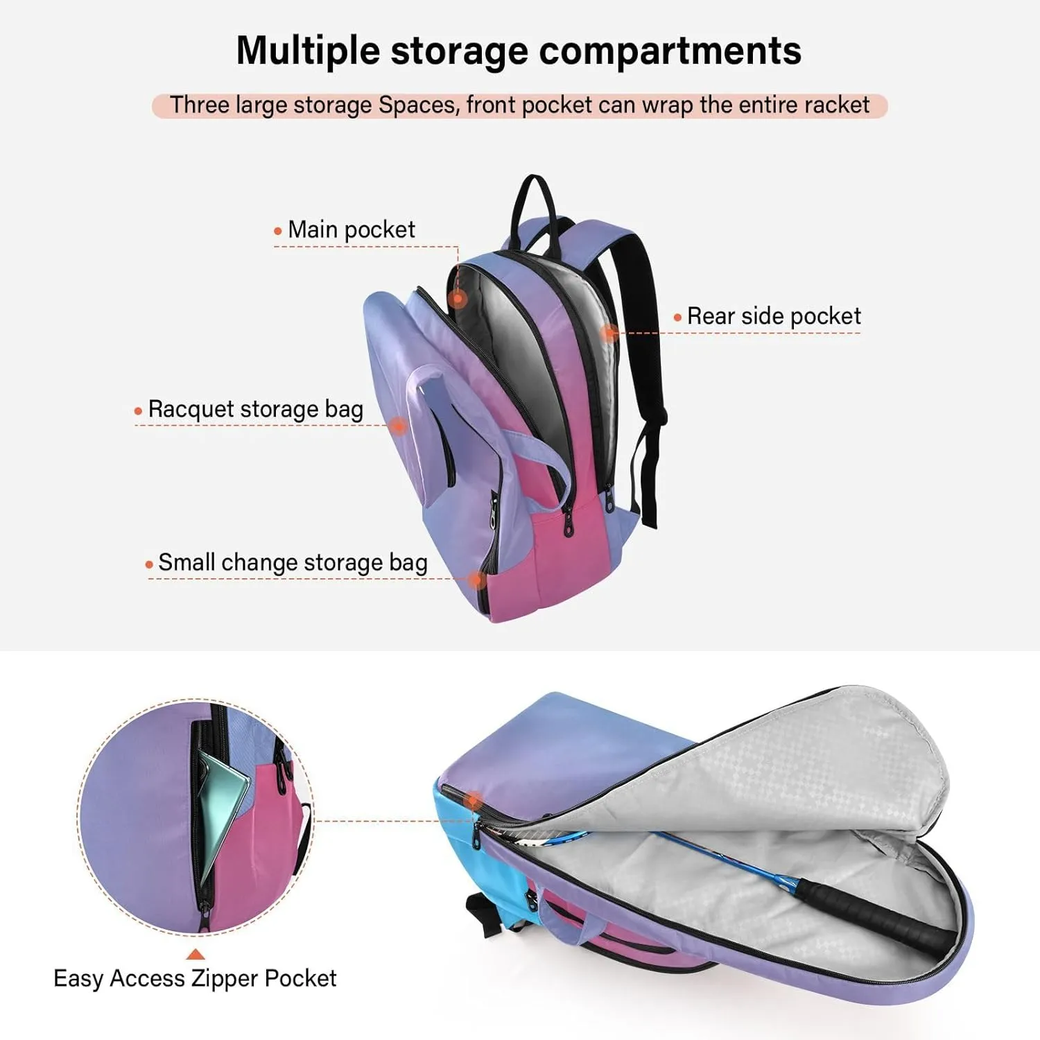 GAIGEO Turquoise Blue Purple Gradient Pickleball Bag, Large Capacity Gifts for Pickleball Lovers, Various Storage Methods