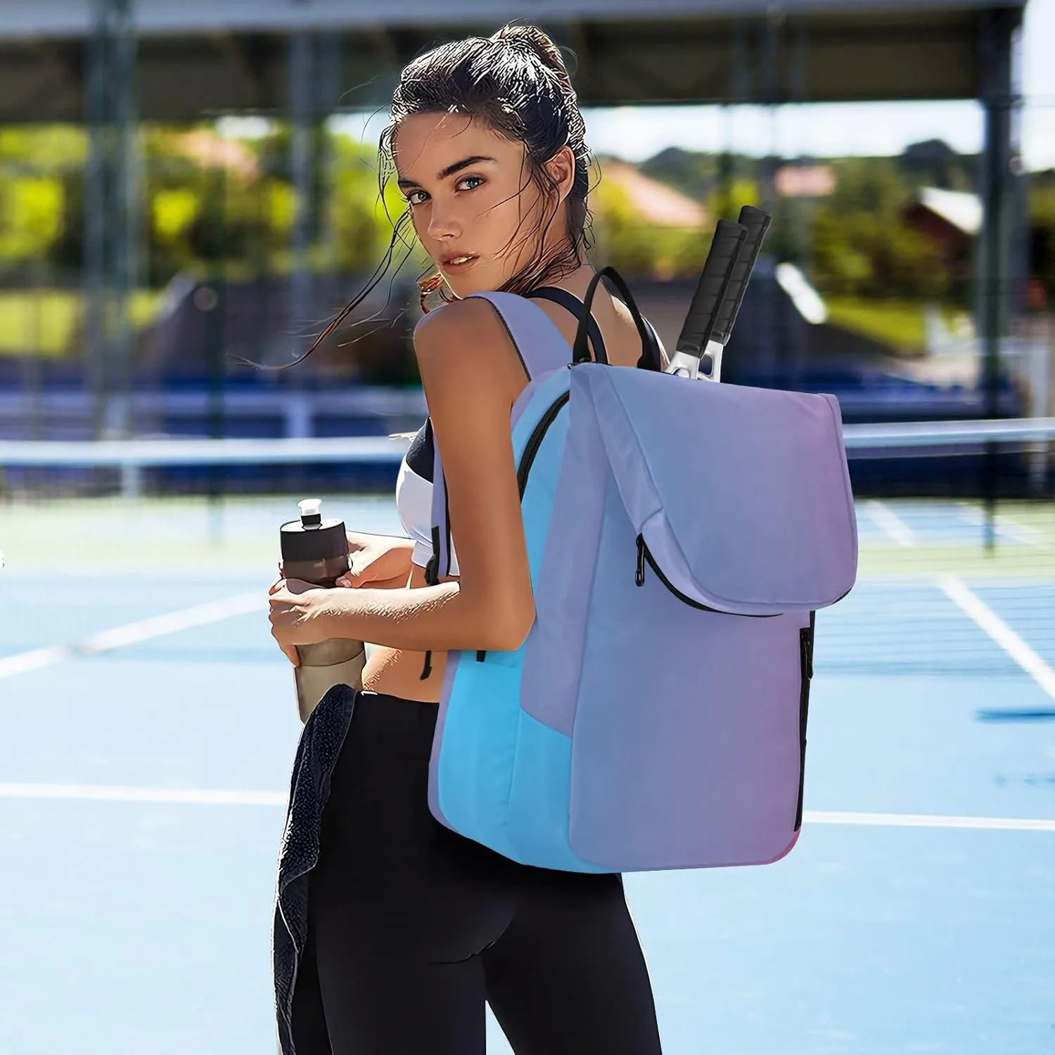 GAIGEO Turquoise Blue Purple Gradient Pickleball Bag, Large Capacity Gifts for Pickleball Lovers, Various Storage Methods