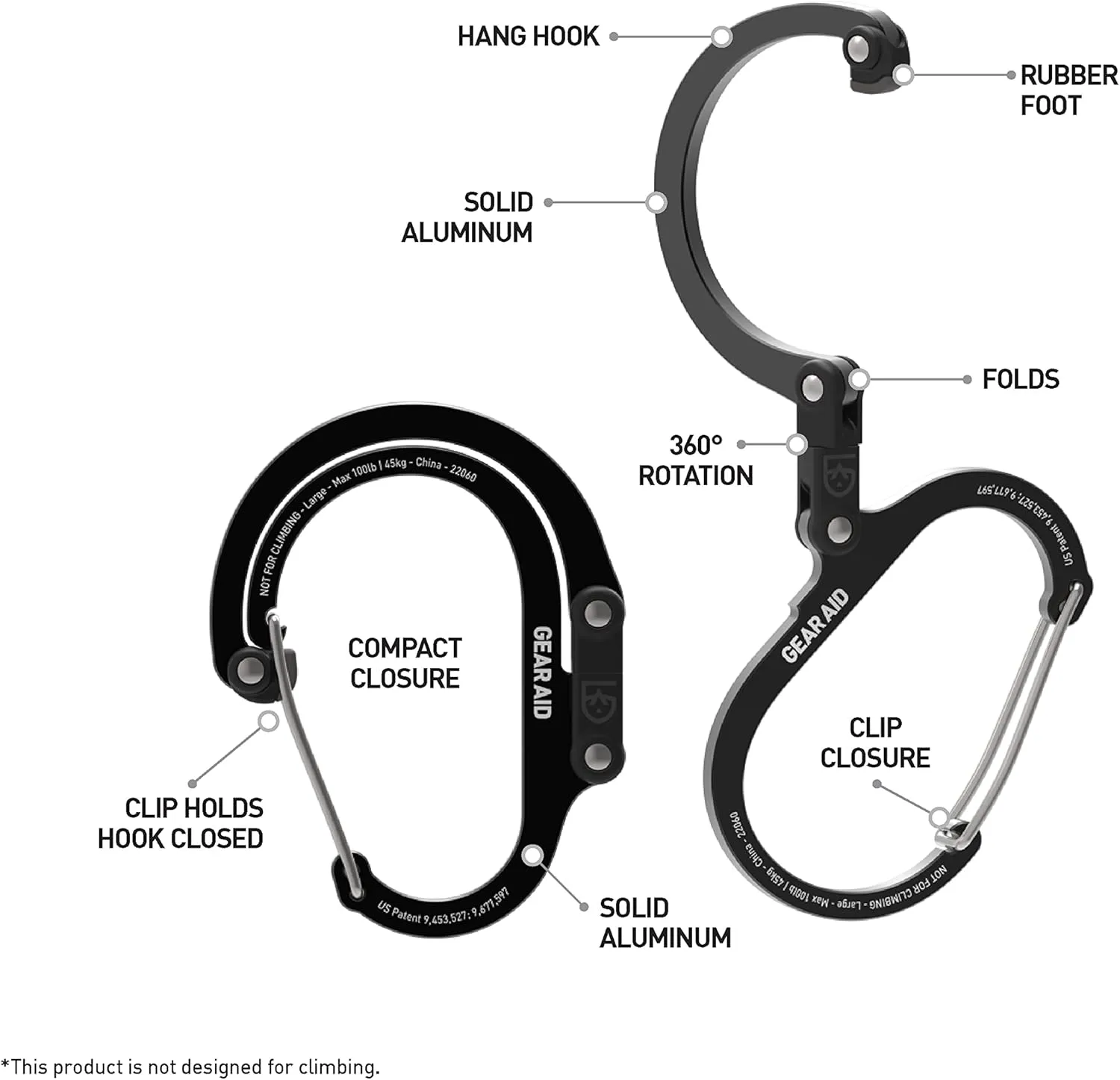 GEAR AID HEROCLIP (Large) Carabiner Gear Clip and Hook for Hanging Heavy Duty Items, Camping Backpacks, Suitcases, Kayaks, Bicycles, Garage Organization and More
