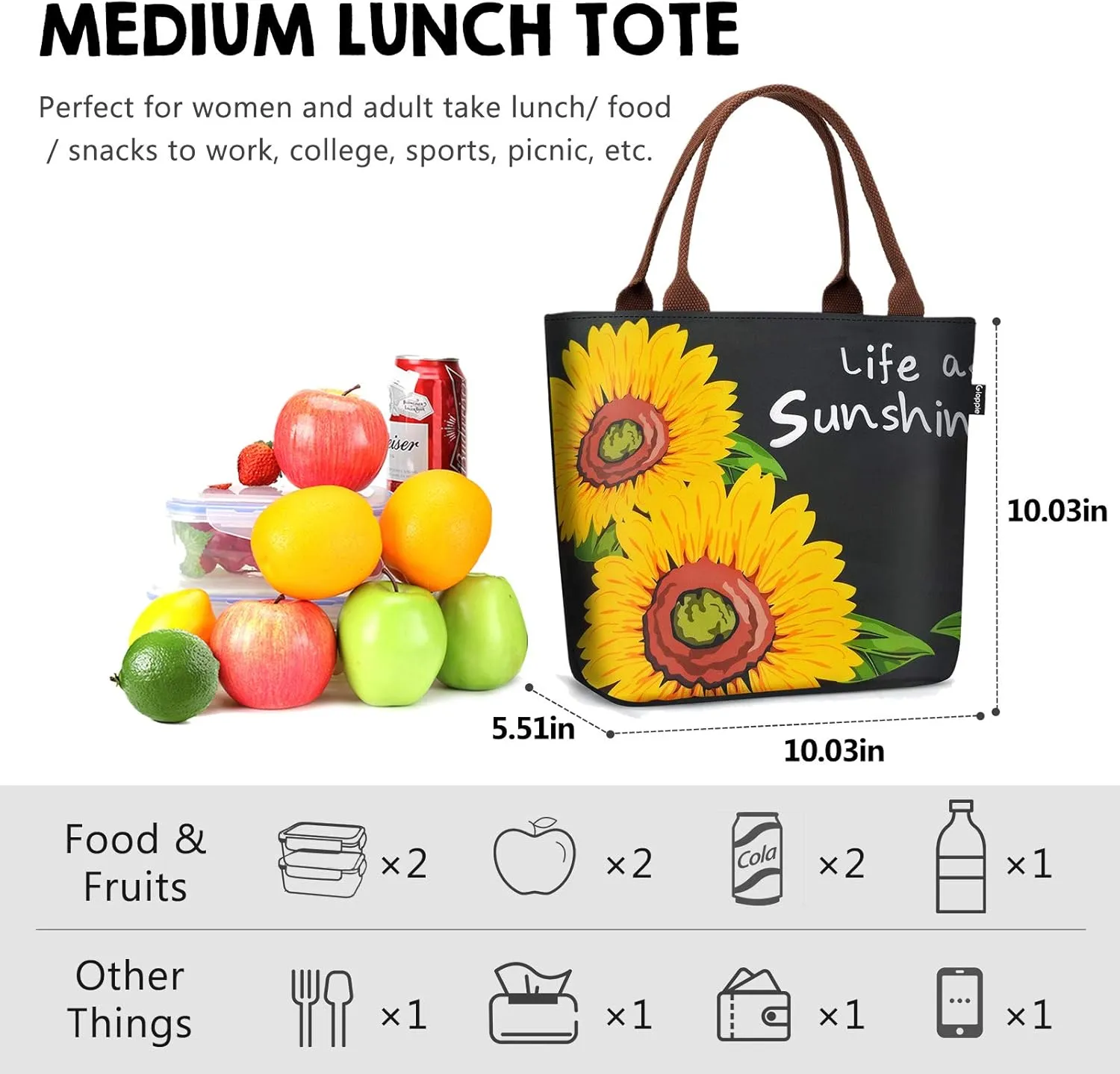 Gloppie Lunch Bag Women Insulated Lunch Box for Women Sunflower Lunch Tote Leakproof Cooler Purse for Work Loncheras para mujer 9L