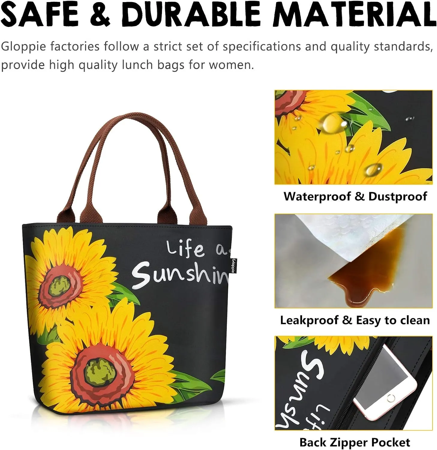 Gloppie Lunch Bag Women Insulated Lunch Box for Women Sunflower Lunch Tote Leakproof Cooler Purse for Work Loncheras para mujer 9L