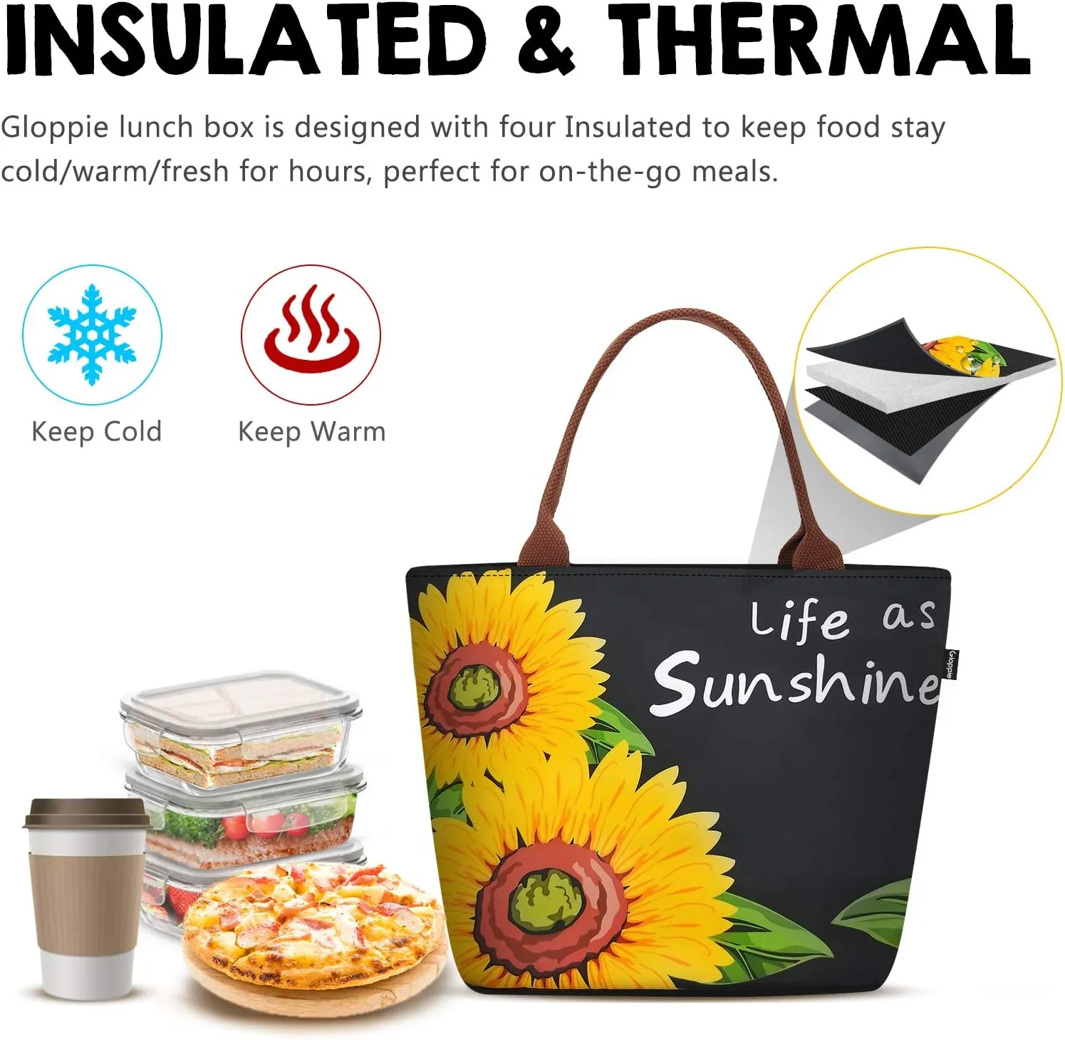 Gloppie Lunch Bag Women Insulated Lunch Box for Women Sunflower Lunch Tote Leakproof Cooler Purse for Work Loncheras para mujer 9L