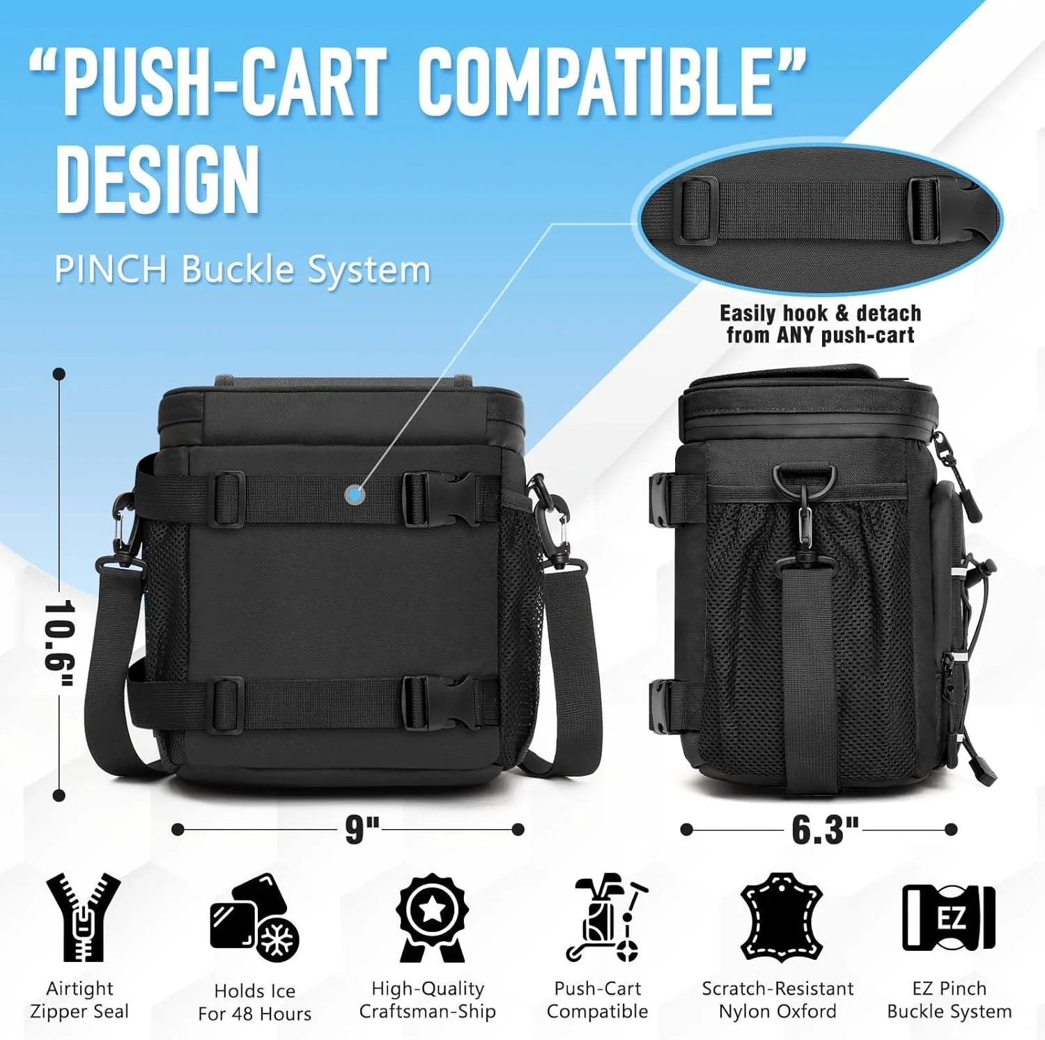Golf Cart Cooler Bag Insulated - 12-Can Leakproof Soft Cooler Bag with Hook-and-Loop Lid, Waterproof Zippers, and Multi-Pockets for Accessories; Fits on Golf Push Cart