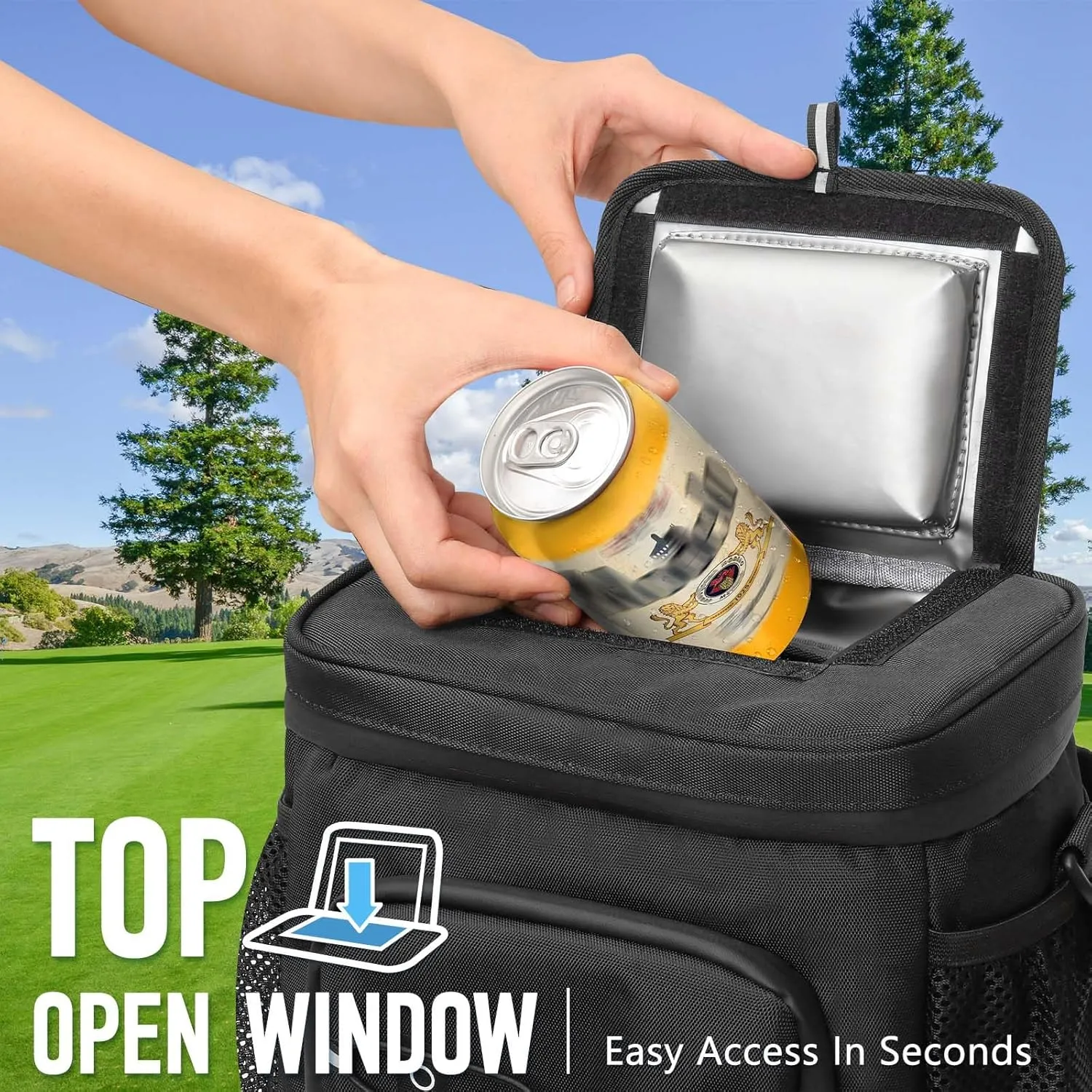Golf Cart Cooler Bag Insulated - 12-Can Leakproof Soft Cooler Bag with Hook-and-Loop Lid, Waterproof Zippers, and Multi-Pockets for Accessories; Fits on Golf Push Cart