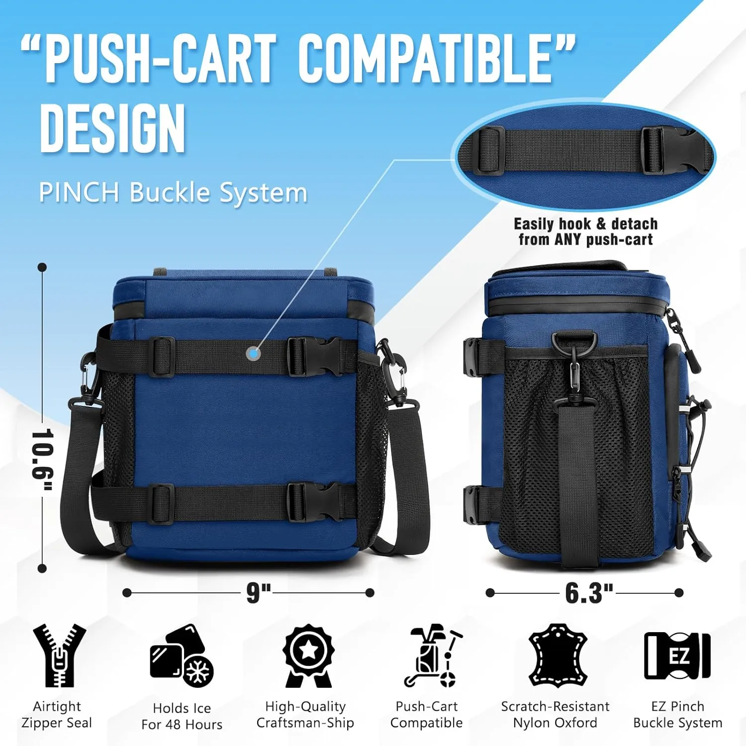 Golf Cart Cooler Bag Insulated - 12-Can Leakproof Soft Cooler Bag with Hook-and-Loop Lid, Waterproof Zippers, and Multi-Pockets for Accessories; Fits on Golf Push Cart