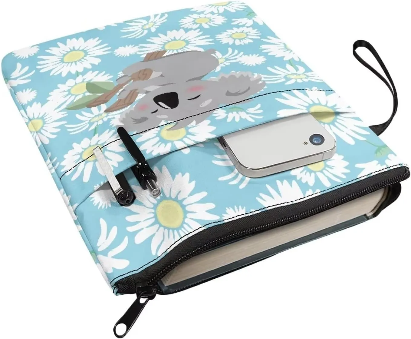Gomyblomy Daisies & Koala Book Carrying Pouch, Girl with Zippered Washable Book Cover, Book Lover Lightweight Dustproof Book Sleeve, Size 11.4 X 8.7 Inches