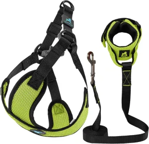 Gooby Comfort X Step in Lite Harness and Mesh Wristband Surfer Leash Set-Green, Medium, 6 FT-Choke Free and Escape Free Harness with Breathable Mesh and Mesh Handsfree Leash for Small and Medium Dog
