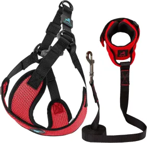 Gooby Comfort X Step in Lite Harness and Mesh Wristband Surfer Leash Set-Red, Medium, 6 FT-Choke Free and Escape Free Harness with Breathable Mesh and Mesh Handsfree Leash for Small and Medium Dog