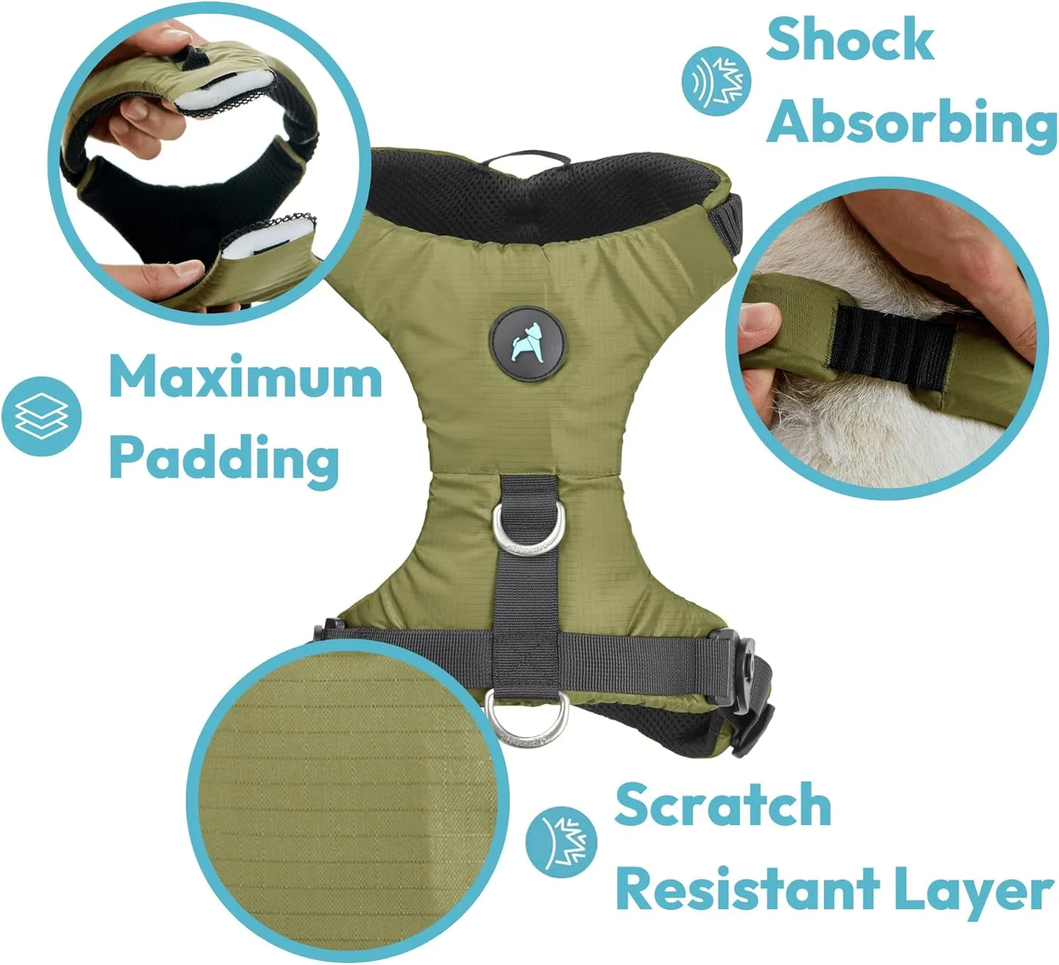Gooby Trailblazer Harness - Olive Branch, X-Small - Shock Absorbing Dog Harness with No Pull Front and Dual Back Clips for Small Dog and Medium Dog
