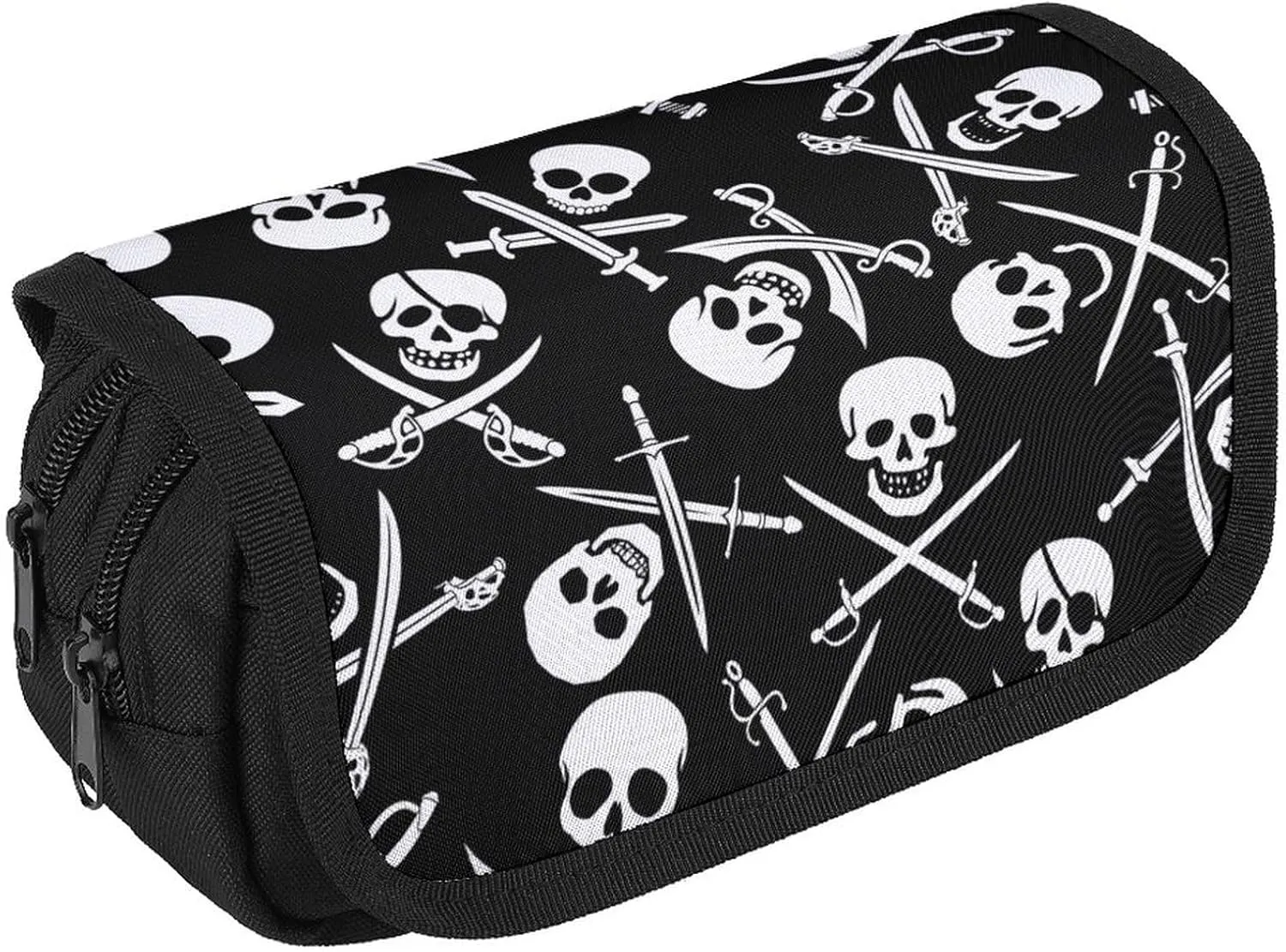 Goth Pirate Skulls Crossbones Swords Black And White Double Layer Zippered Pencil Case for Large Capacity Office Stationery Bag