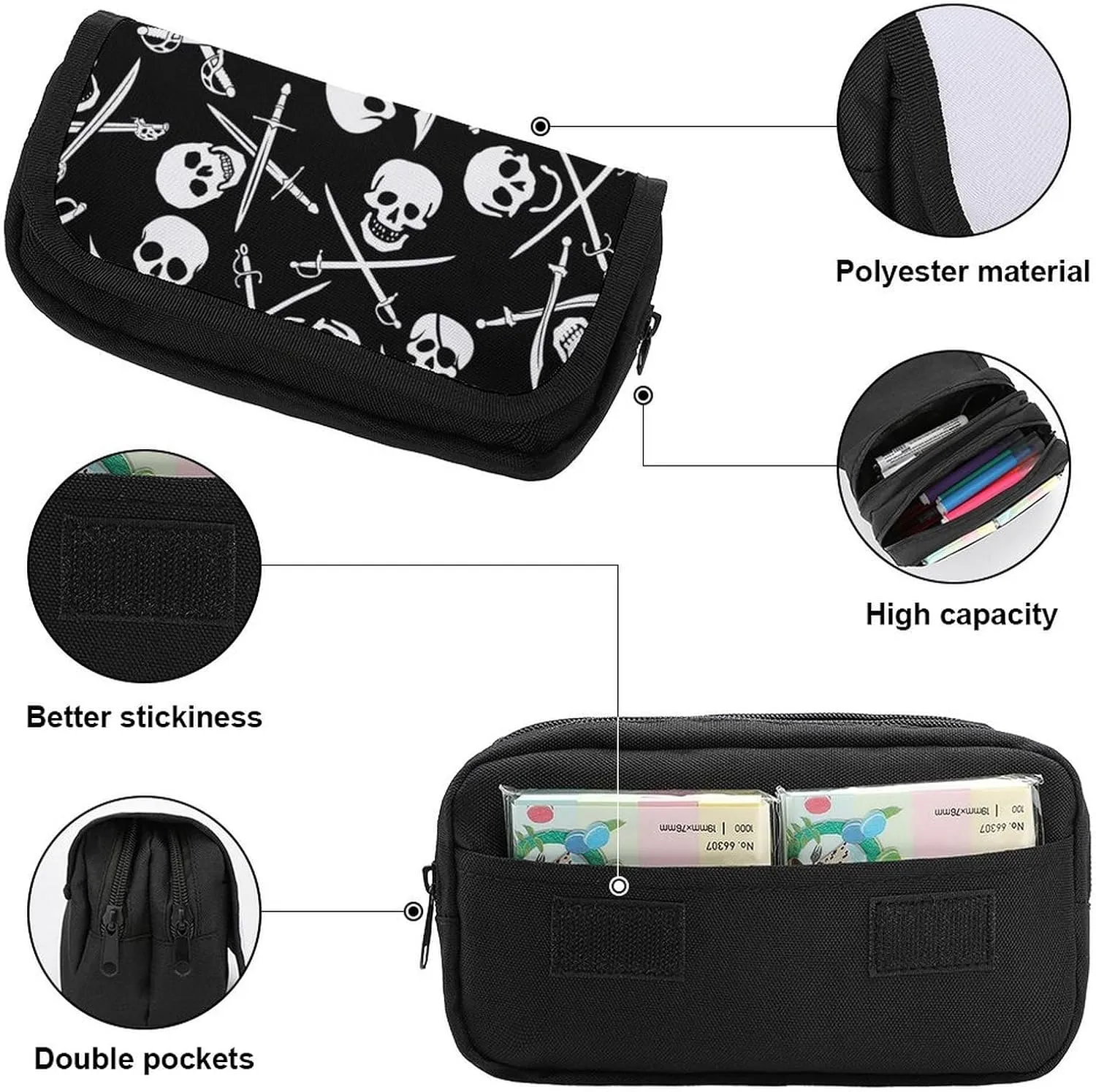 Goth Pirate Skulls Crossbones Swords Black And White Double Layer Zippered Pencil Case for Large Capacity Office Stationery Bag