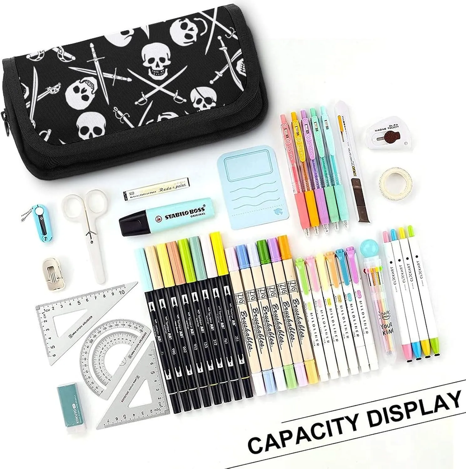 Goth Pirate Skulls Crossbones Swords Black And White Double Layer Zippered Pencil Case for Large Capacity Office Stationery Bag