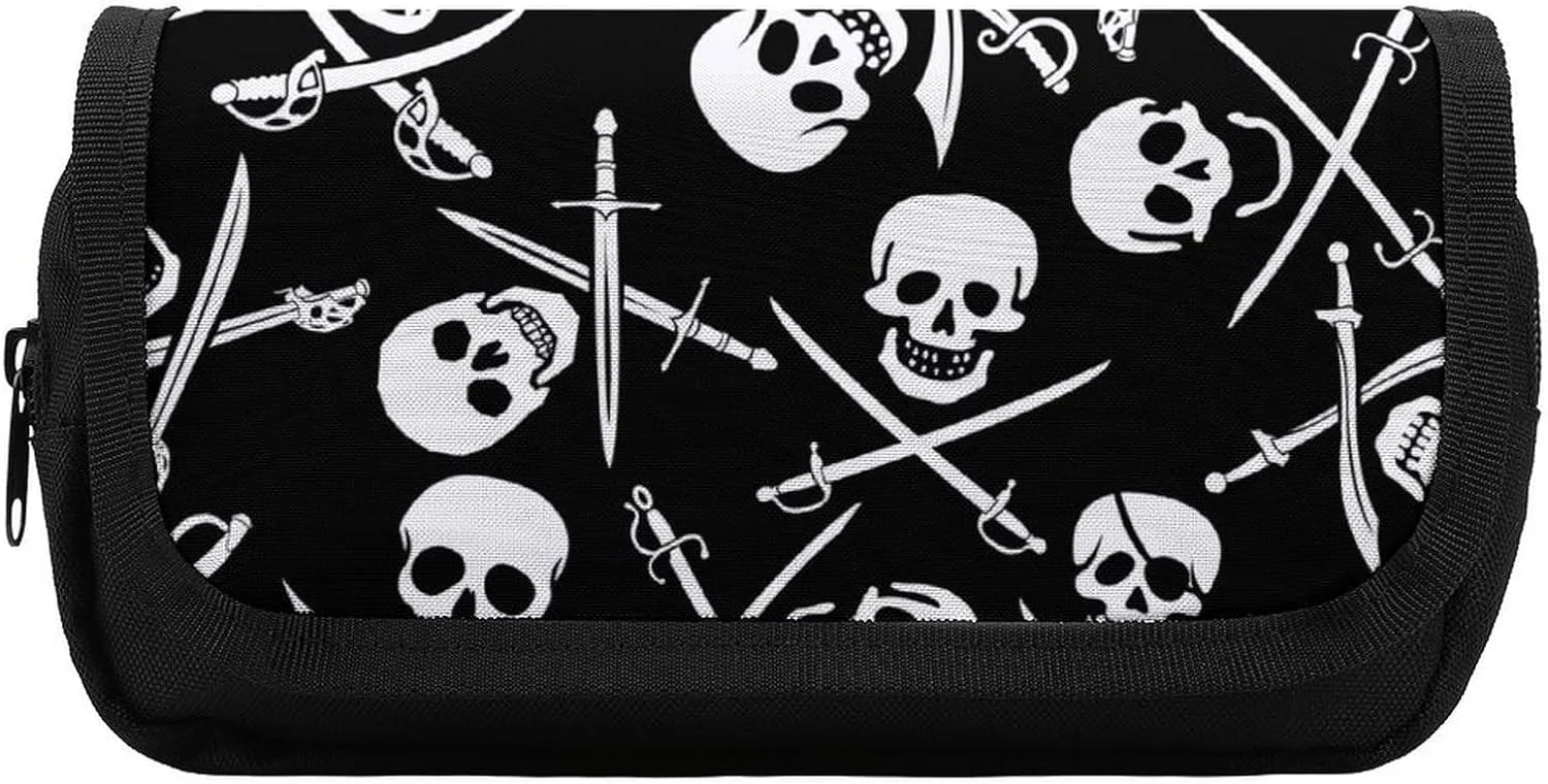 Goth Pirate Skulls Crossbones Swords Black And White Double Layer Zippered Pencil Case for Large Capacity Office Stationery Bag